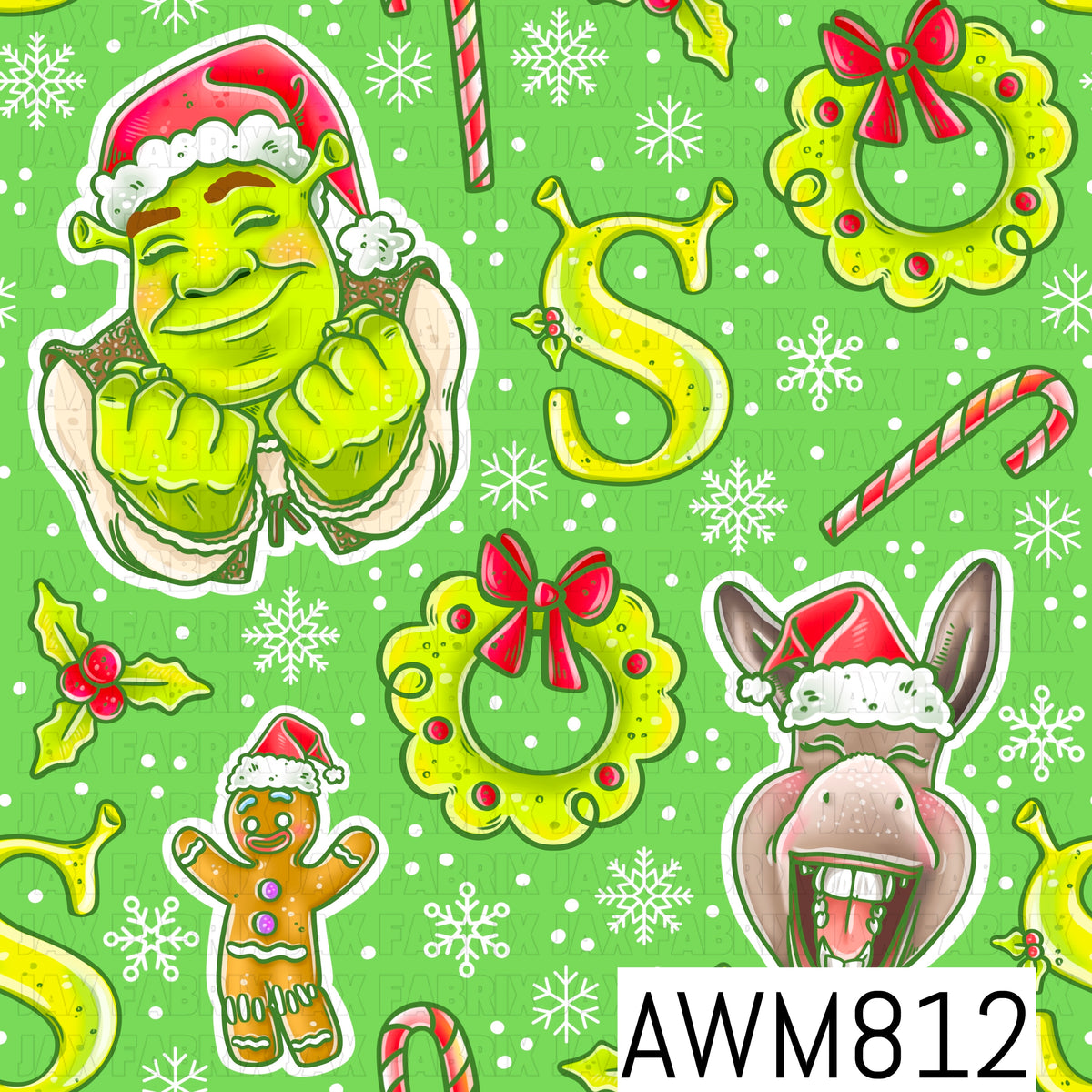 A festive Christmas-themed seamless pattern featuring a cheerful green ogre in a Santa hat, a smiling donkey in a Santa hat, a gingerbread cookie, lime green wreaths with red bows, candy canes, holly, snowflakes, and decorative letter accents. Set against a bright lime green background with scattered white dots, this playful design combines vibrant green, red, and white for a fun holiday-inspired look.