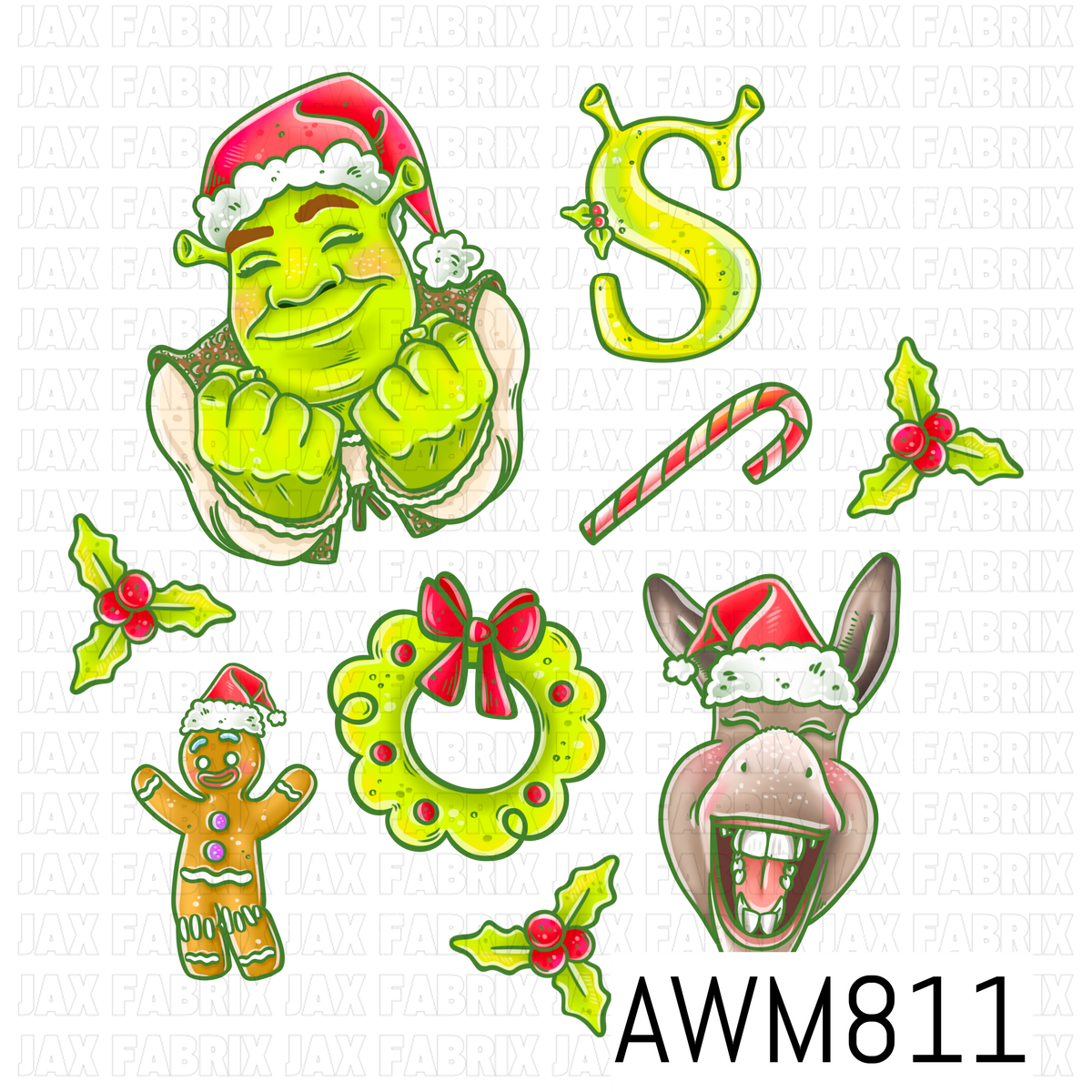 A festive Christmas-themed PNG featuring a cheerful green ogre in a Santa hat, a smiling donkey in a Santa hat, a gingerbread cookie, a lime green wreath with a red bow, candy cane, holly sprigs, decorative letter accent, and delicate snowflakes. Designed in vibrant lime green, red, and white tones, this playful clipart collection is perfect for holiday crafting and seasonal projects.