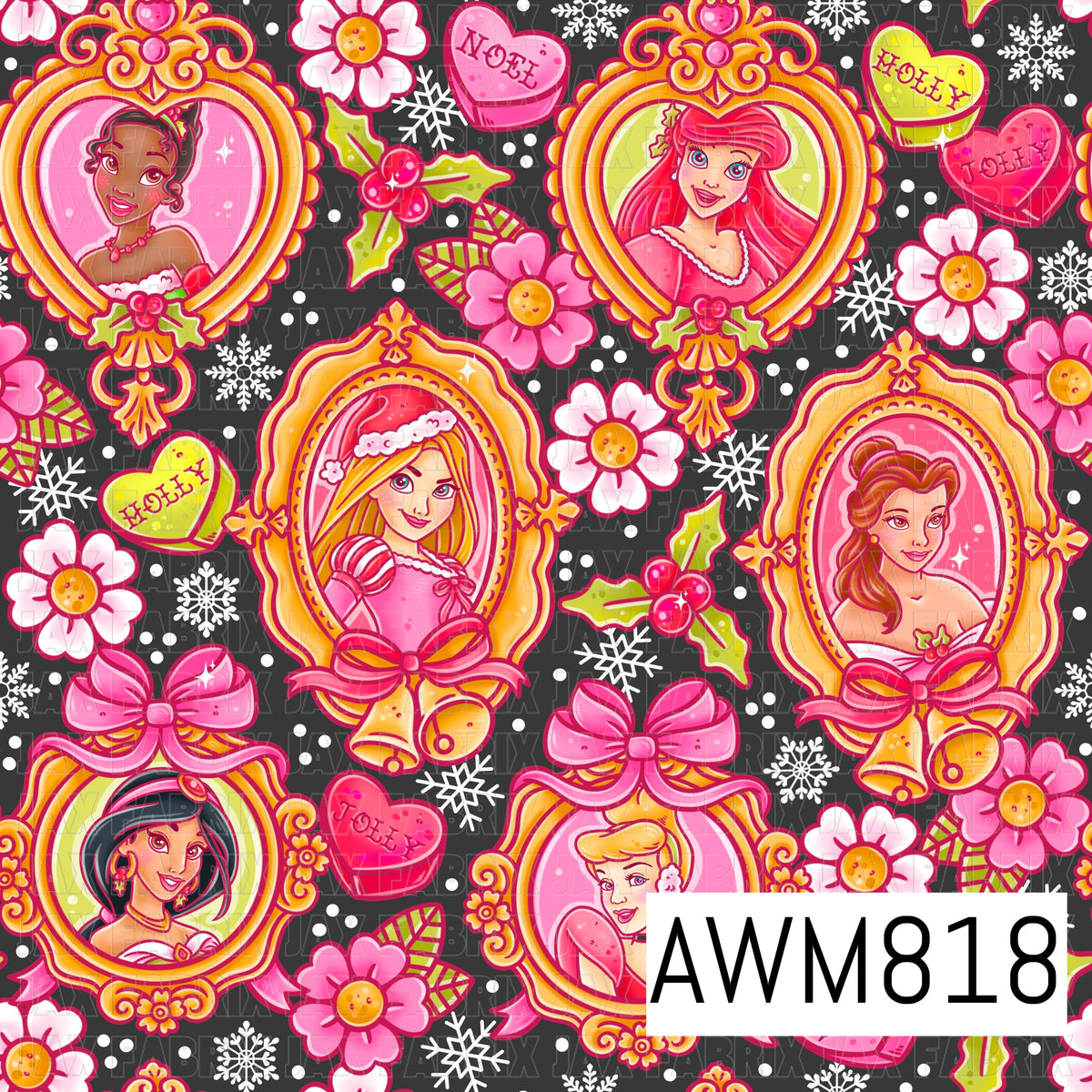 A festive Christmas-inspired seamless pattern featuring elegant princess portraits framed in ornate gold holiday ornaments, surrounded by pink flowers, holly, snowflakes, bows, and heart-shaped candies. Set against a charcoal gray background, this whimsical design blends bright pink, gold, and red tones for a magical holiday aesthetic.