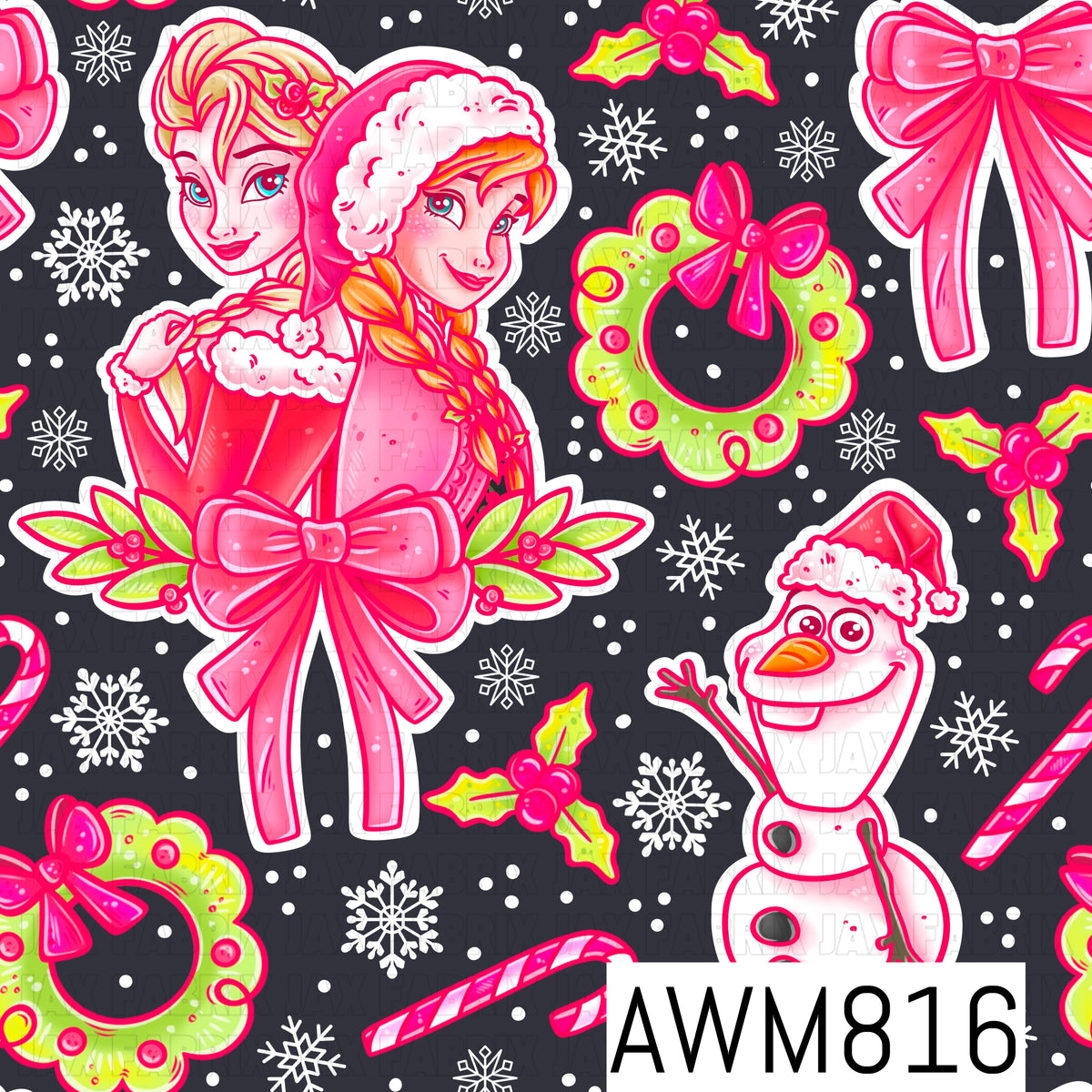 A festive Christmas-themed seamless pattern featuring two winter princesses, a cheerful snowman, pink bows, candy canes, lime green wreaths, holly, and delicate snowflakes. Set against a charcoal gray background with scattered white dots, this playful design combines bright pink, lime green, and white for a whimsical holiday aesthetic.