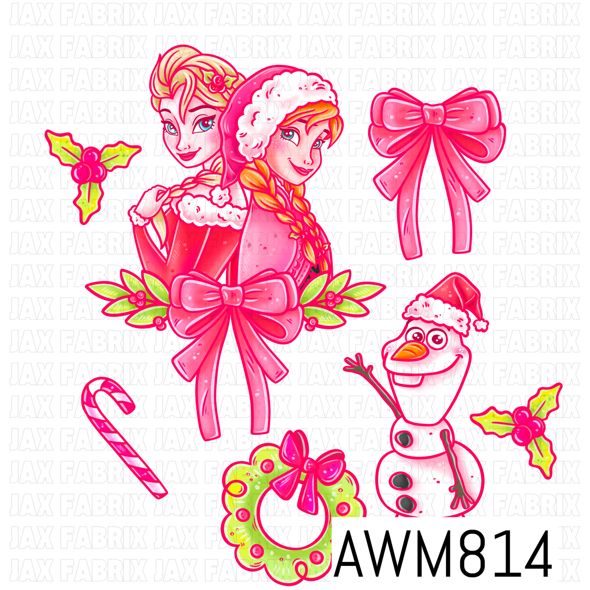 A festive Christmas-themed PNG featuring two winter Sister princesses, a cheerful snowman in a Santa hat, a bright pink bow, a lime green wreath, candy cane, holly sprigs, and delicate snowflakes. Designed in vibrant pink, lime green, and white tones, this whimsical clipart collection is perfect for holiday crafting and seasonal projects.