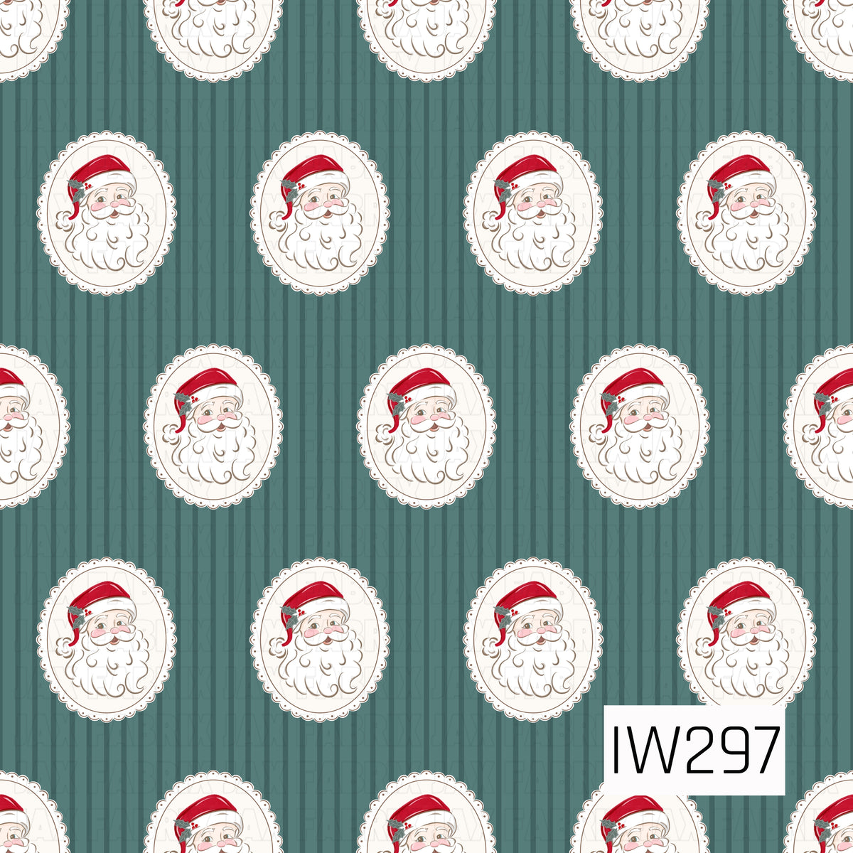 A charming vintage-inspired Christmas pattern featuring cheerful Santa faces with rosy cheeks, fluffy white beards, and classic red hats accented with holly. Each Santa is framed inside a delicate cream oval cameo with scalloped edges, arranged in a repeating pattern over a deep muted teal green background with subtle vertical tonal stripes.