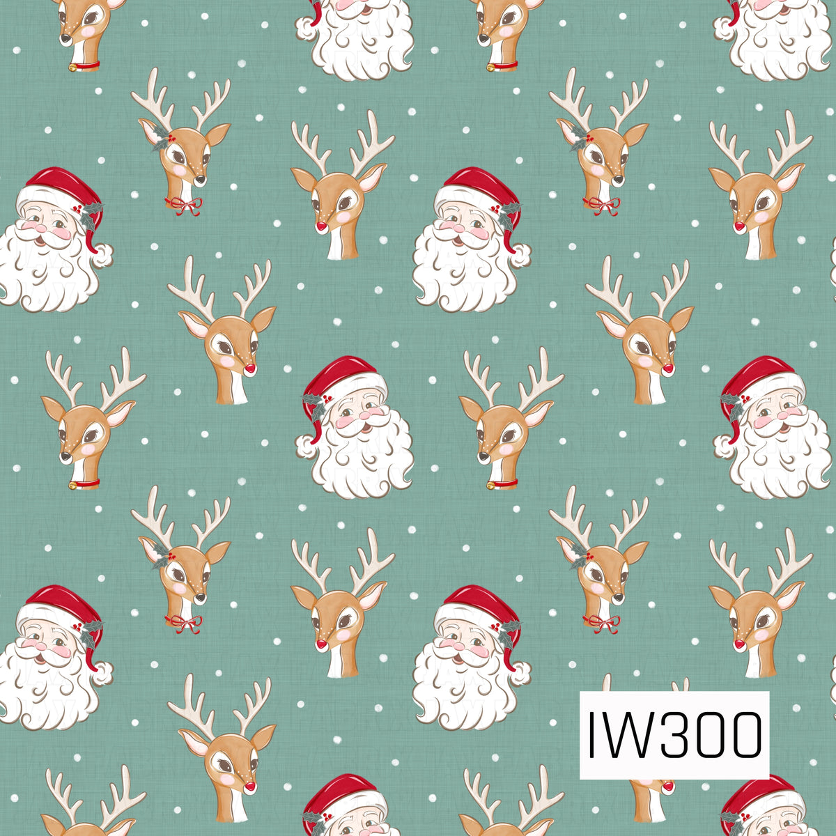 A whimsical vintage-inspired Christmas pattern featuring cheerful Santa faces with rosy cheeks and fluffy white beards, alongside adorable reindeer with delicate antlers, rosy cheeks, red noses, and festive holly and ribbon accents. The illustrations are scattered across a soft muted sage teal background with subtle linen-like texture and tiny white snowflakes resembling falling snow.