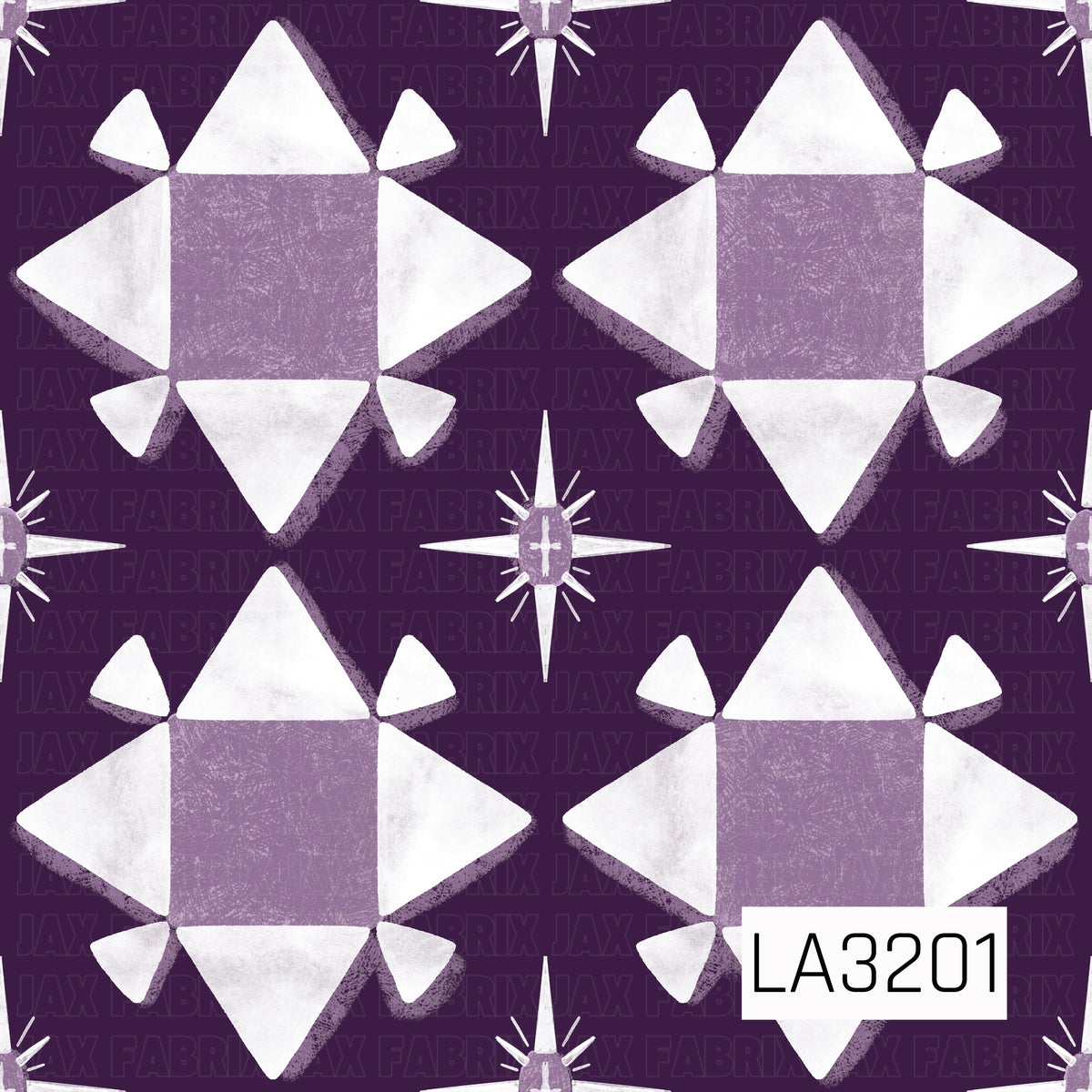 A quilt-inspired geometric pattern featuring oversized white star blocks with textured dusty purple centers on a rich deep purple background. Smaller four-point starbursts are scattered throughout, with a distressed, hand-painted finish for a vintage feel.