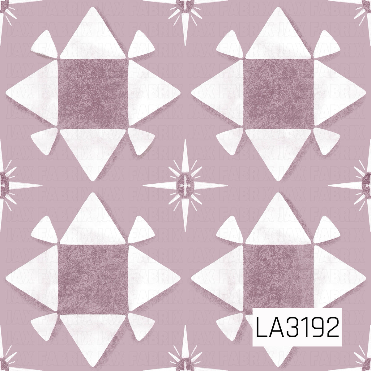 A quilt-inspired geometric pattern featuring large star blocks in dusty mauve and soft white. Smaller four-point starbursts are scattered between the blocks, all set against a muted dusty purple background with a textured, hand-painted finish.