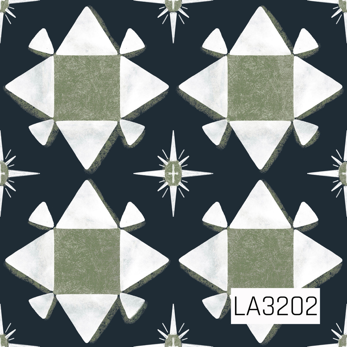 A quilt-inspired geometric pattern featuring oversized white star blocks with textured sage green centers on a deep navy background. Smaller four-point starbursts are scattered throughout, finished with a distressed, hand-painted texture for a vintage feel.