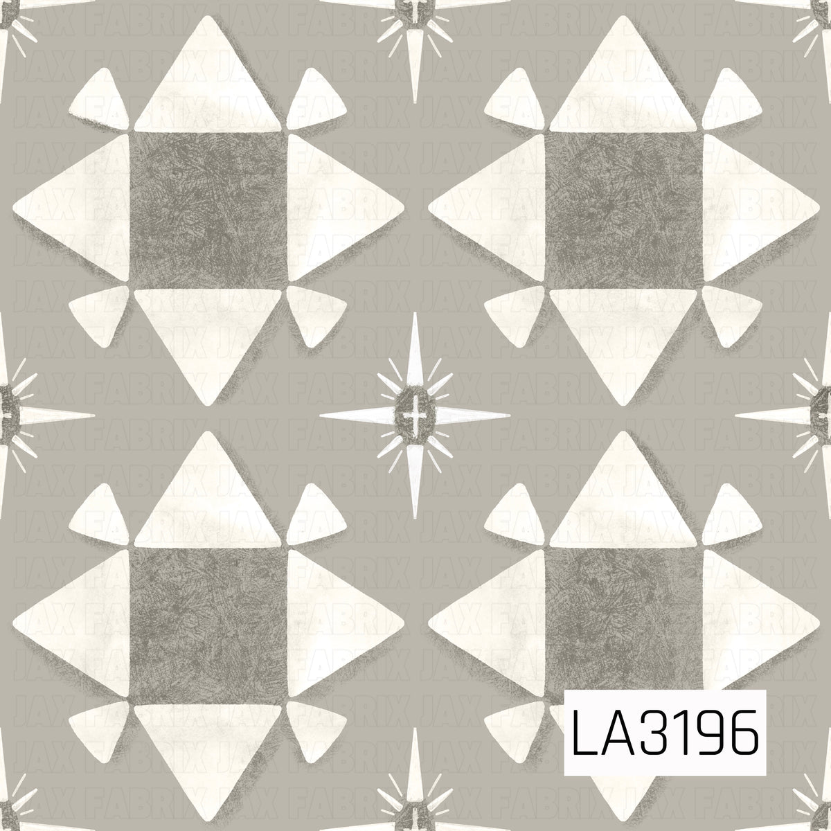 A quilt-inspired geometric pattern featuring large star blocks in muted taupe and creamy white against a soft warm gray background. Smaller four-point starbursts are scattered throughout, with a textured, hand-painted finish for a cozy vintage feel.