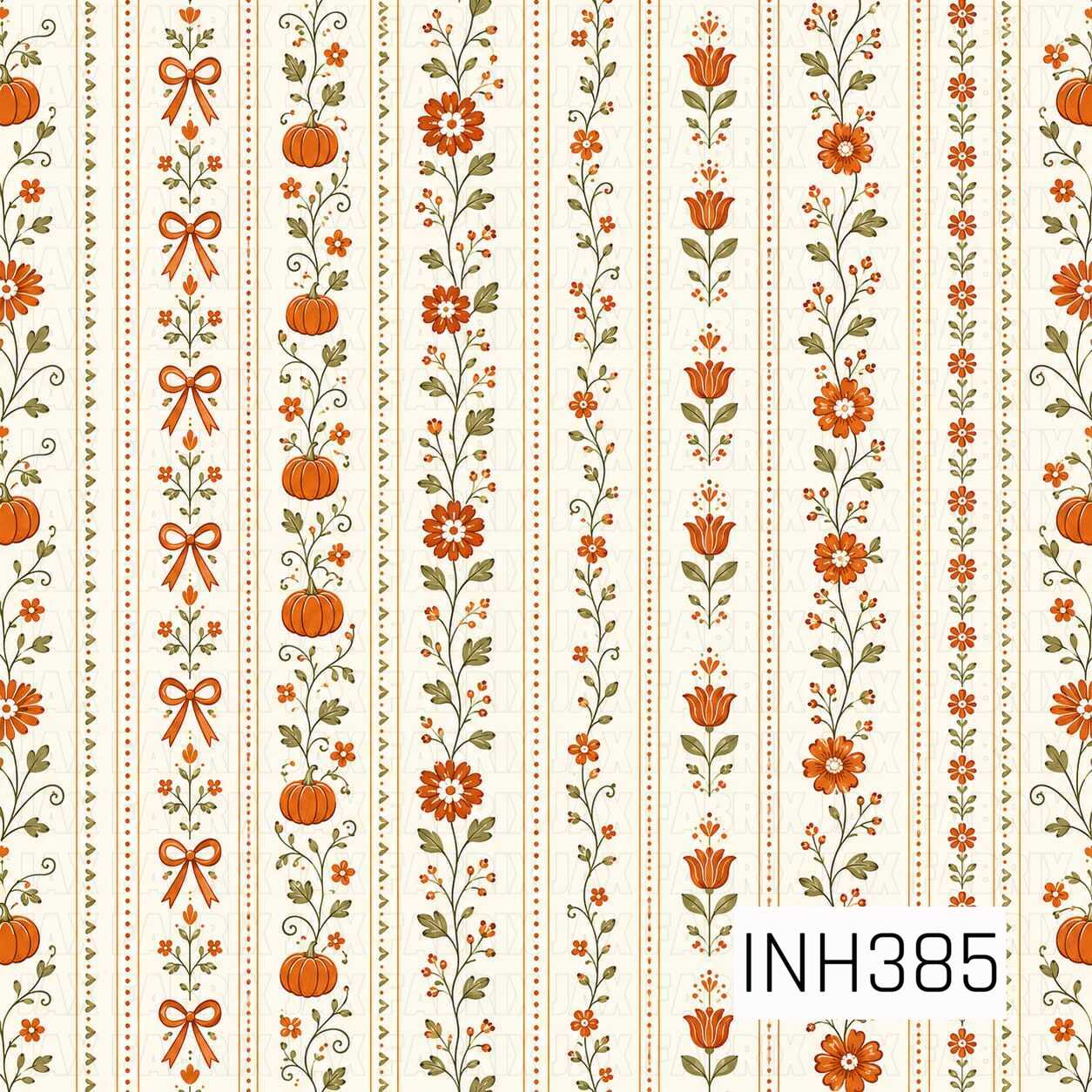 A charming autumn stripe pattern featuring delicate orange florals, pumpkins, bows, and leafy vines arranged in alternating vertical panels. Tiny heart and dotted accents add a whimsical touch, while the warm orange, sage green, and cream color palette creates a cozy vintage farmhouse feel. The soft cream background enhances the clean, classic look of this sweet fall-inspired design.