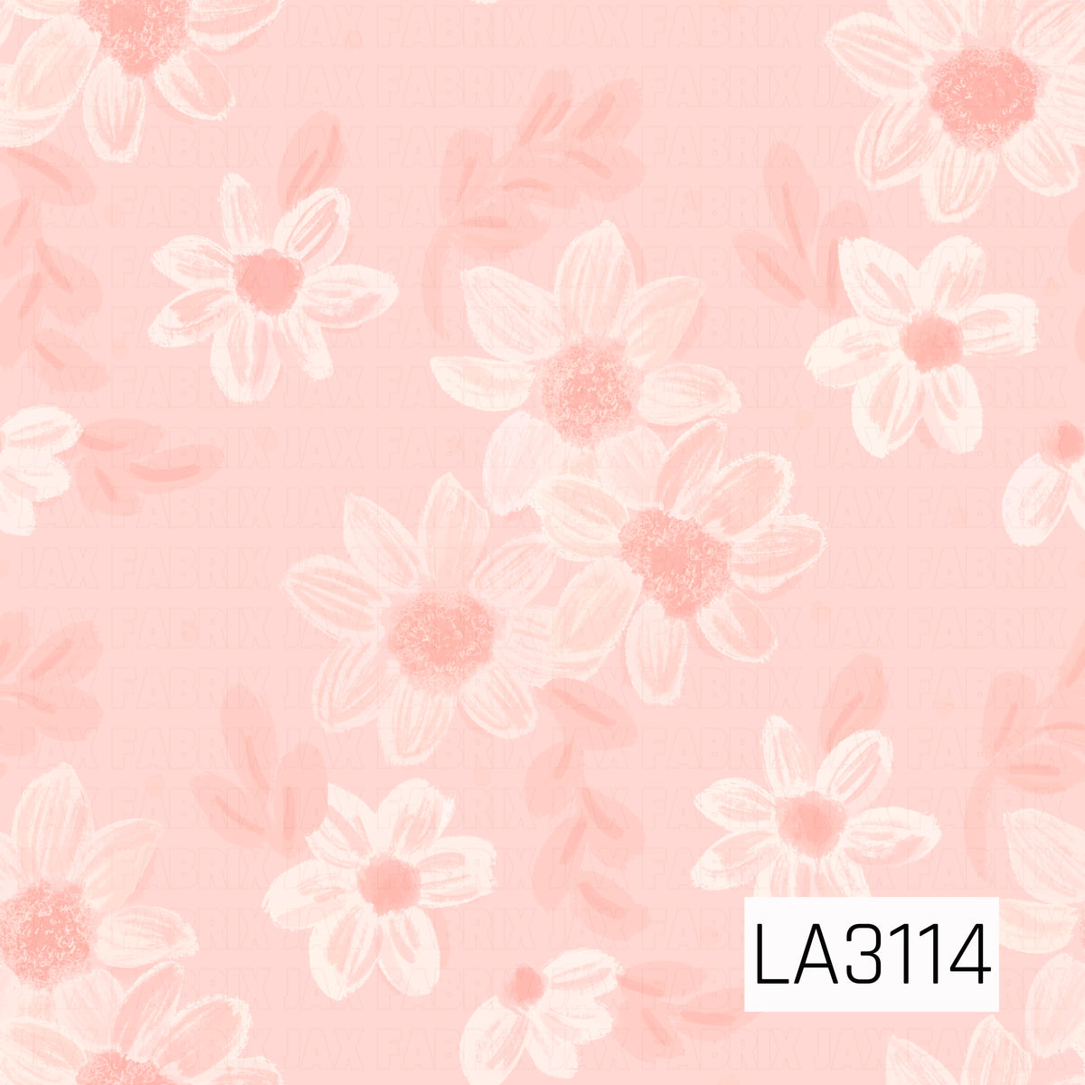 A delicate floral design featuring whimsical, hand-painted daisies in soft shades of ivory, blush, and peachy pink. The flowers have textured petals and softly shaded centers, scattered among subtle leafy accents on a warm pastel pink background. The watercolor-inspired details give this print a dreamy, feminine feel with a touch of vintage charm.