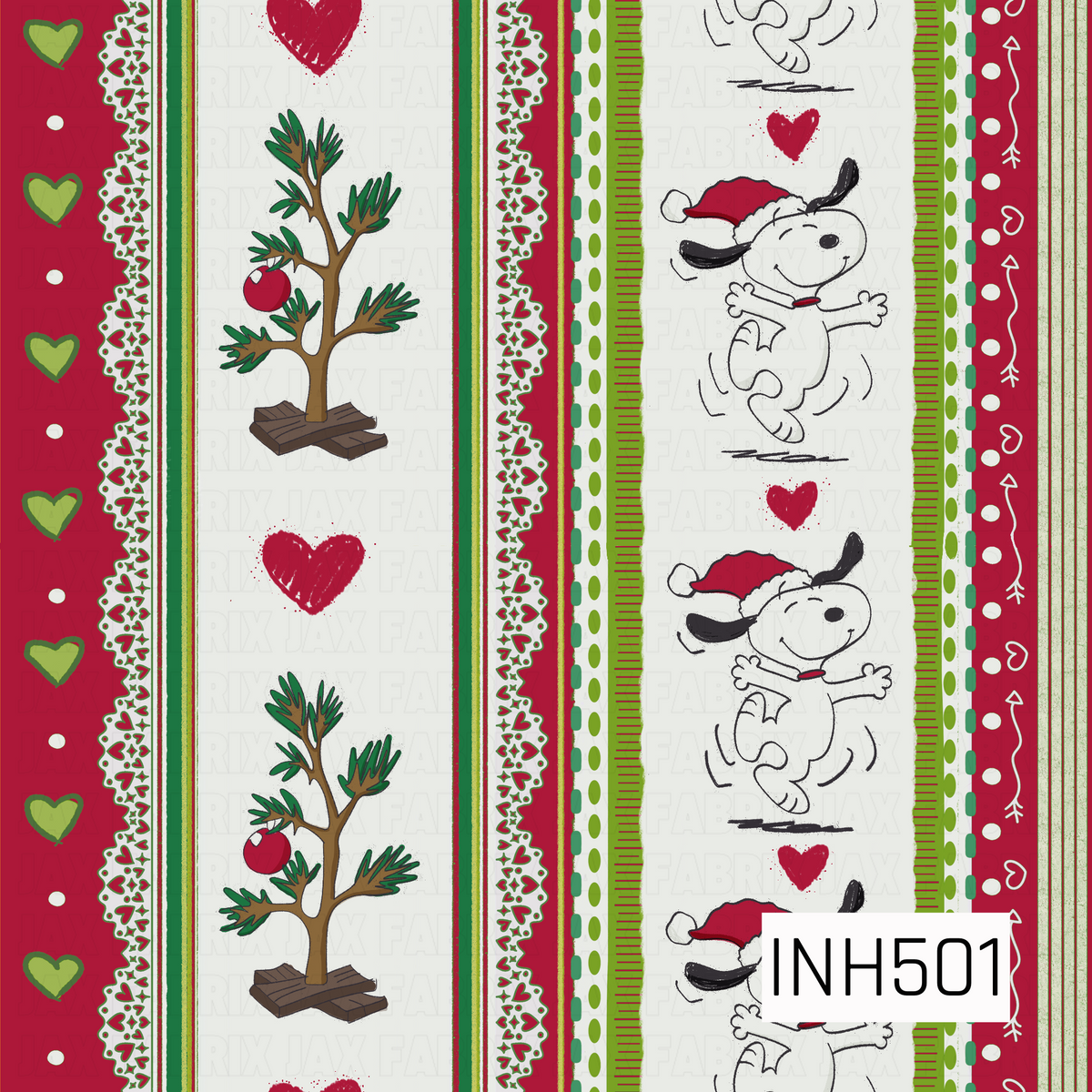 A playful Christmas stripe pattern featuring a cheerful pup in a Santa hat, simple Charlie Brown-style Christmas trees with a single red ornament, and hand-drawn hearts. Coordinating vertical borders mix tiny hearts, dots, arrows, scalloped details, and narrow stripes in festive red, green, cream, and white. The sketchy artwork and mismatched decorative borders give the design a fun, nostalgic holiday feel.