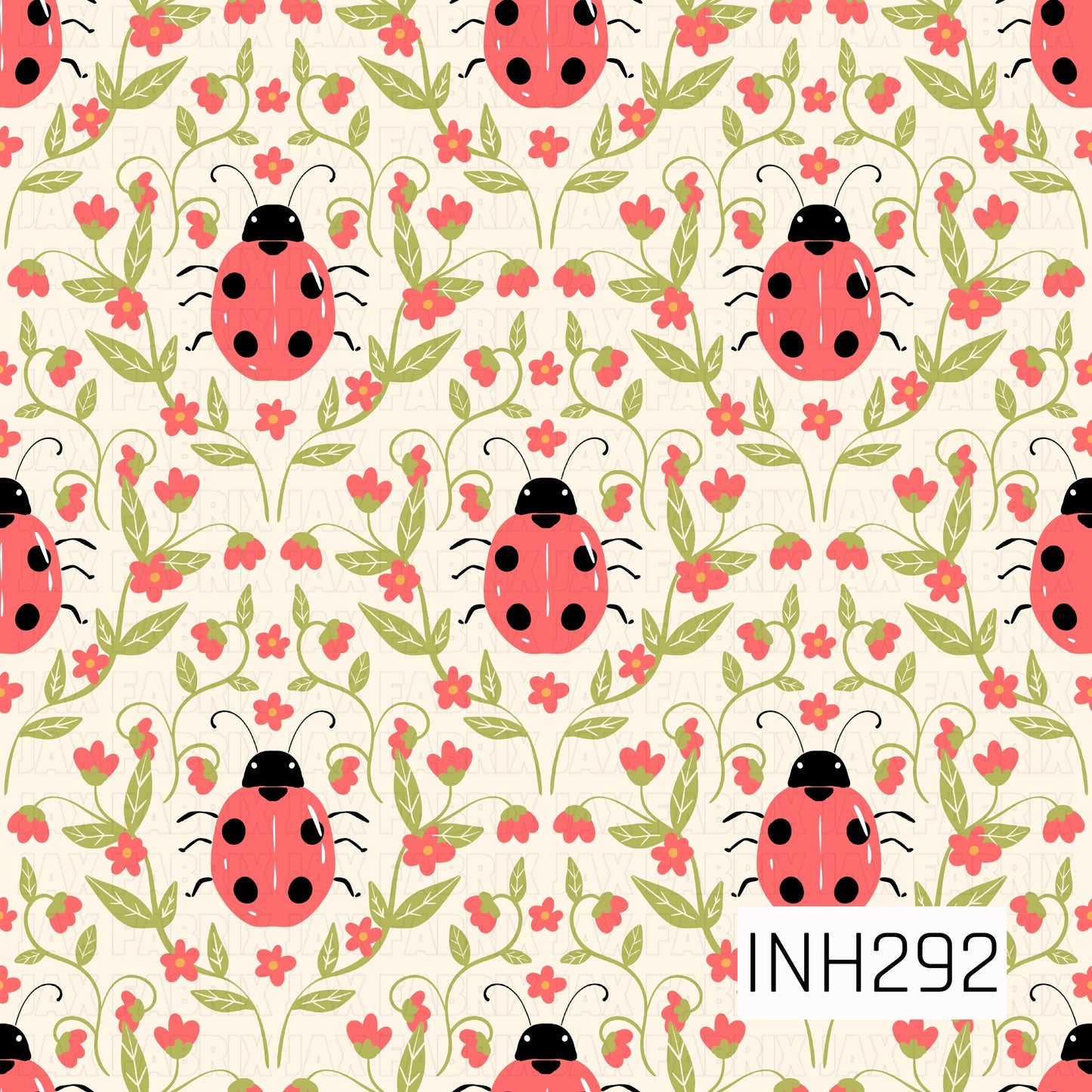 Pattern of ladybugs and flowers on a beige background with 'INH292' label.