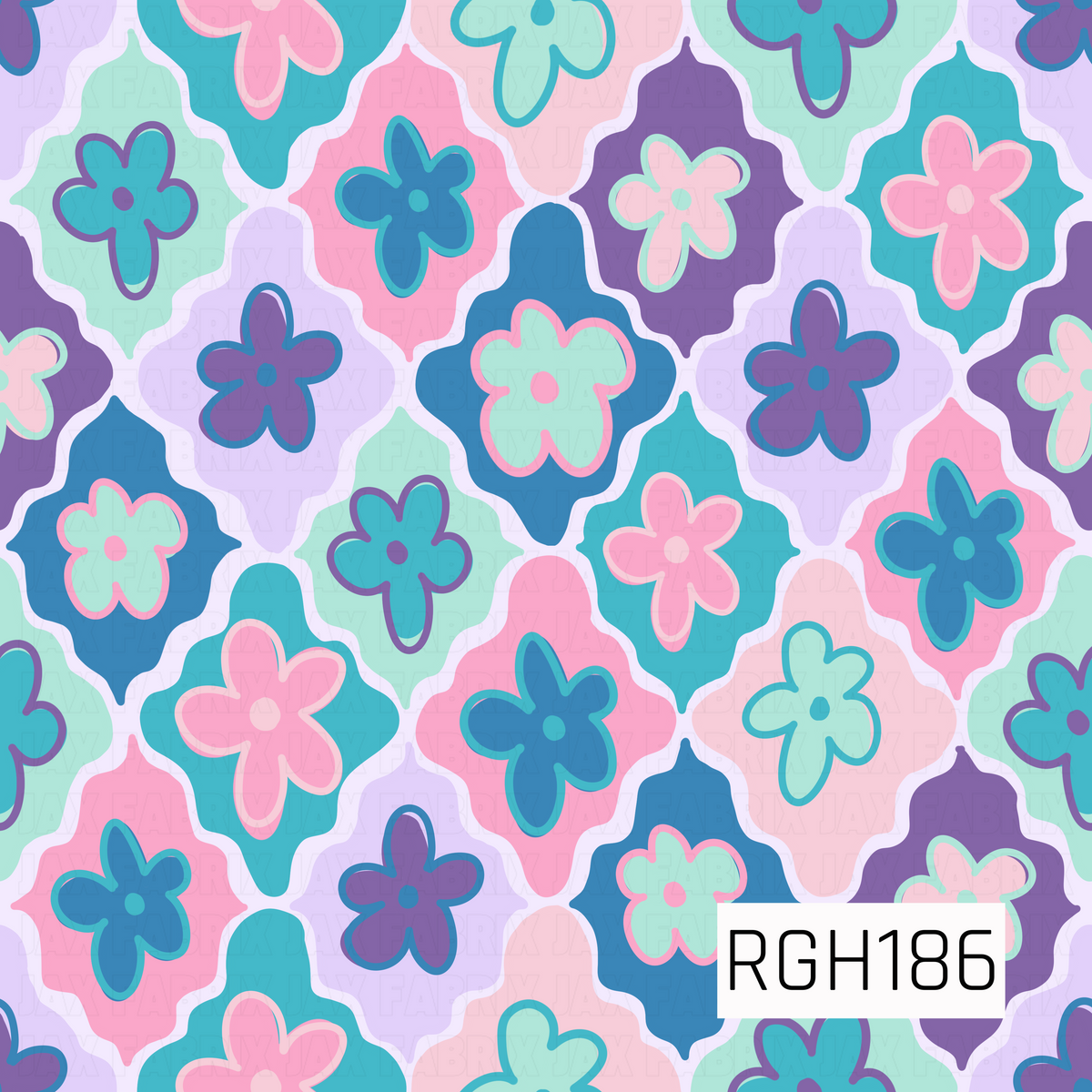 A fun retro floral pattern featuring bold, rounded five-petal flowers in shades of pink, lavender, purple, teal, mint, and blue. Each flower sits inside a decorative quatrefoil-shaped tile with softly scalloped edges and contrasting pastel colors. The repeating geometric arrangement creates a playful, groovy design with a colorful 70s-inspired feel.