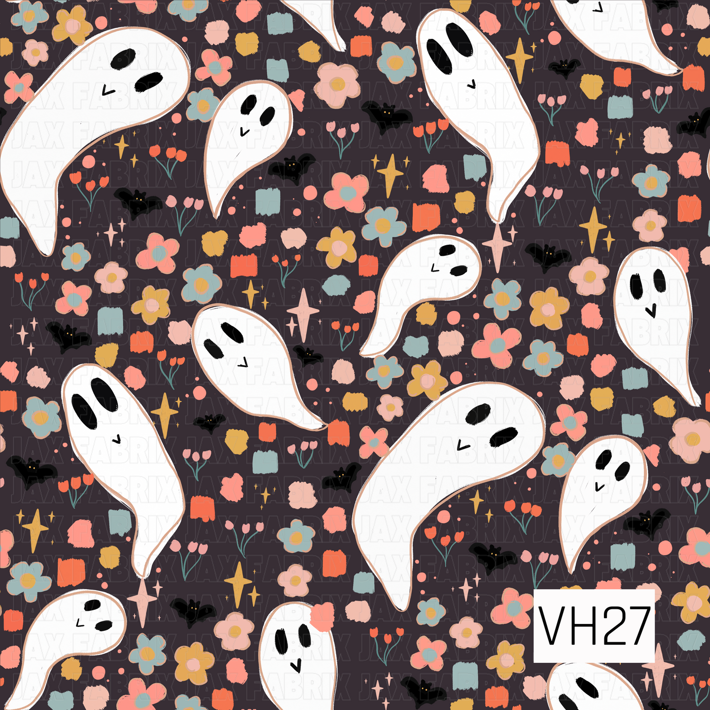 A playful Halloween pattern featuring friendly white ghosts floating across a deep charcoal background, accented with tiny black bats, colorful wildflowers, painterly brushstrokes, and twinkling golden stars. The bold contrast and cheerful pastel palette create a whimsical spooky design with a fun, vintage-inspired charm.