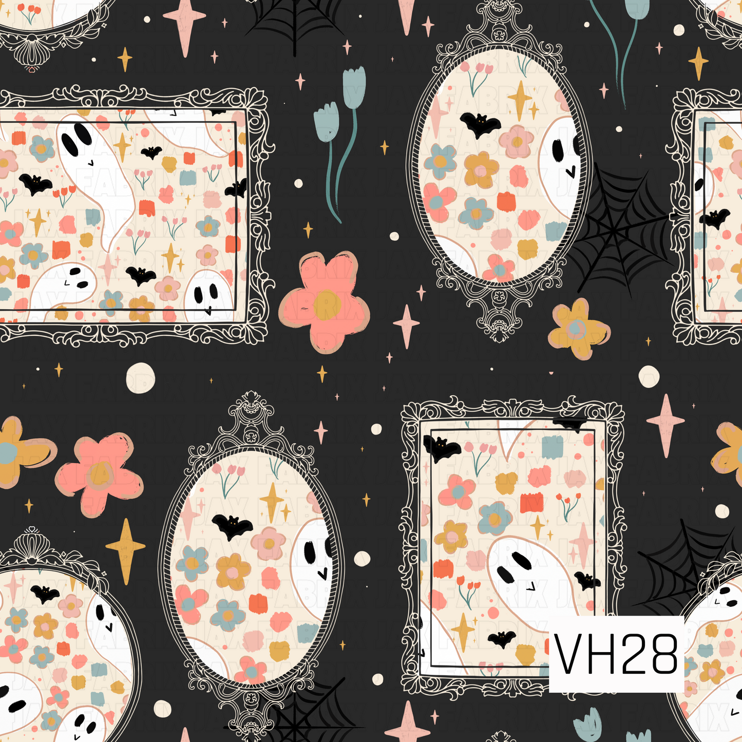 A charming haunted gallery pattern featuring ornate vintage picture frames displaying playful ghost and floral artwork, set against a deep charcoal background. Delicate spiderwebs, tiny bats, twinkling stars, scattered blooms, and whimsical accents create a cozy, vintage-inspired Halloween design with just the right touch of spooky charm.