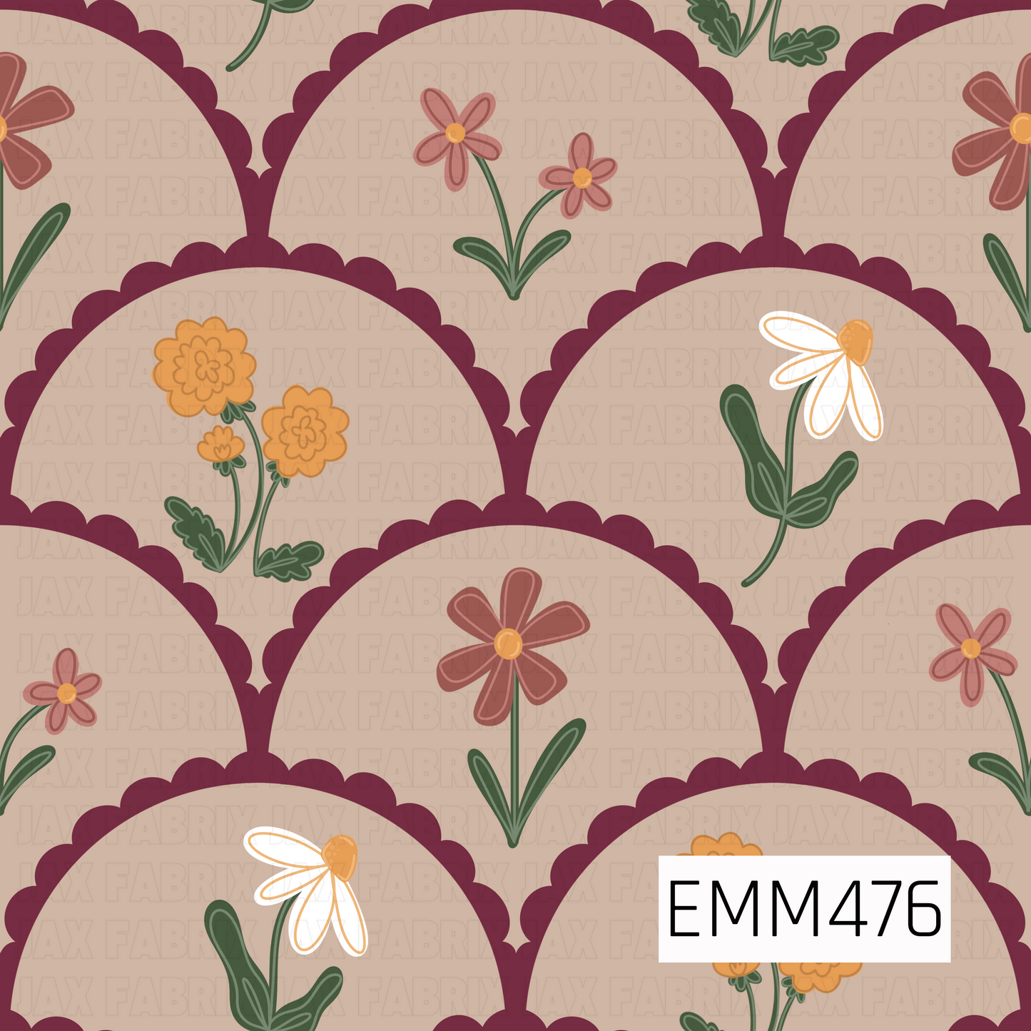 A whimsical hand-drawn pattern featuring burgundy scalloped arches framing dusty-rose, golden-orange, and white wildflowers with deep green foliage on a warm beige background.