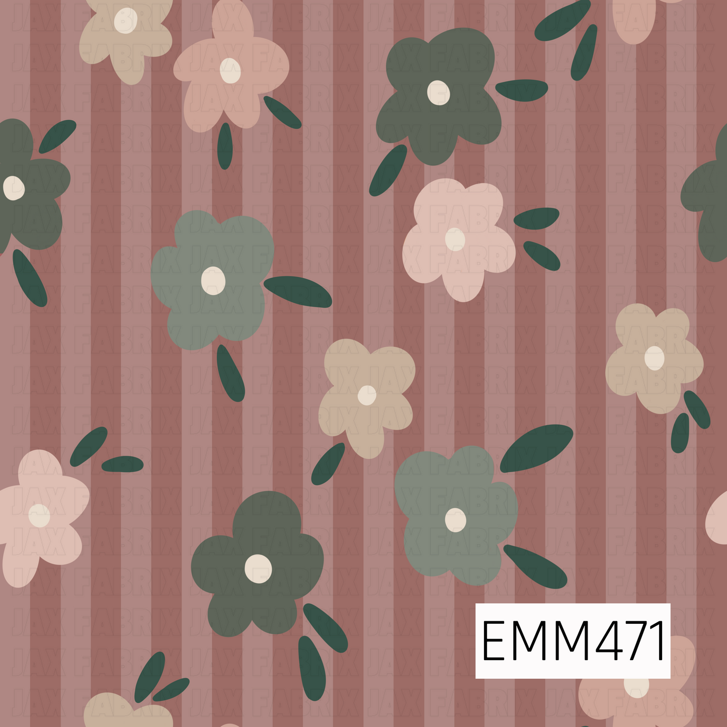 A charming retro floral pattern featuring oversized sage, blush, cream, and olive blossoms with deep green leaves, scattered across a warm dusty-rose striped background.