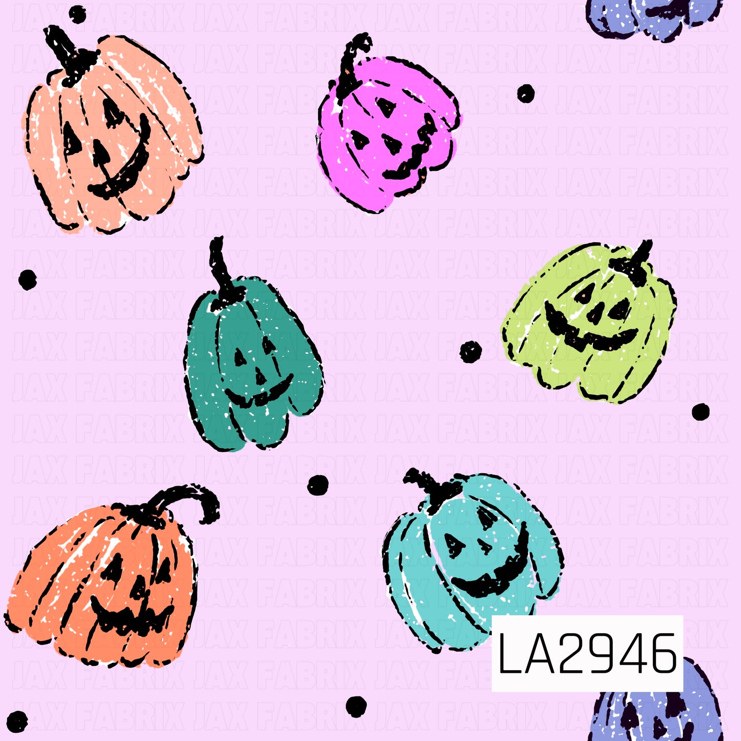 A whimsical seamless pattern featuring hand-drawn smiling jack-o'-lanterns in peach, orange, teal, aqua, lime green, and bright pink scattered across a soft lavender background with tiny black polka dots. The playful sketch-style pumpkins and cheerful color palette create a fun, retro-inspired Halloween design with a lighthearted seasonal feel.