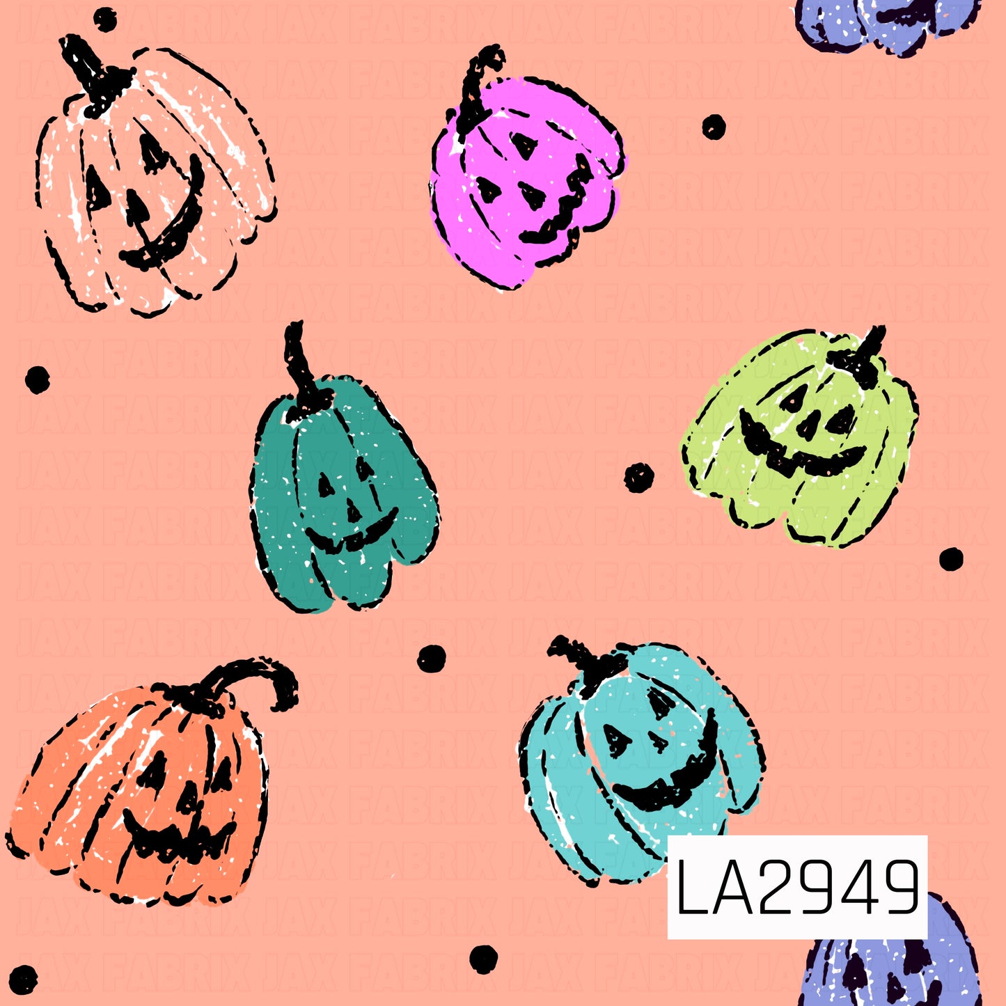 A playful seamless pattern featuring hand-drawn smiling jack-o'-lanterns in peach, orange, teal, aqua, lime green, and bright pink scattered across a soft peach background with tiny black polka dots. The whimsical sketch-style pumpkins and vibrant color palette create a fun, retro-inspired Halloween design full of cheerful seasonal charm.