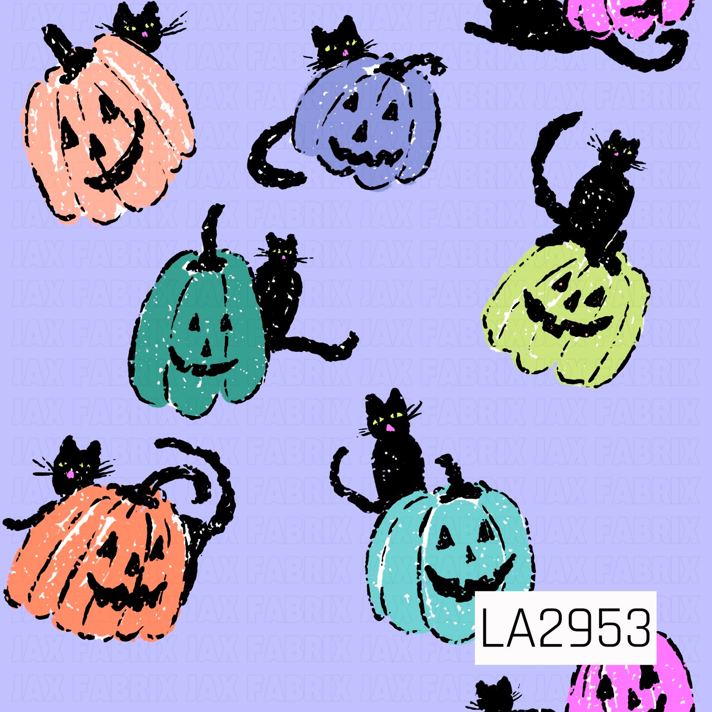 A playful Halloween seamless pattern featuring smiling pastel jack-o'-lanterns in peach, lavender, mint, lime, and aqua, each accompanied by charming black cats. Set against a soft lavender background, this whimsical design combines cute spooky elements with hand-drawn textures for a fun and festive seasonal look.