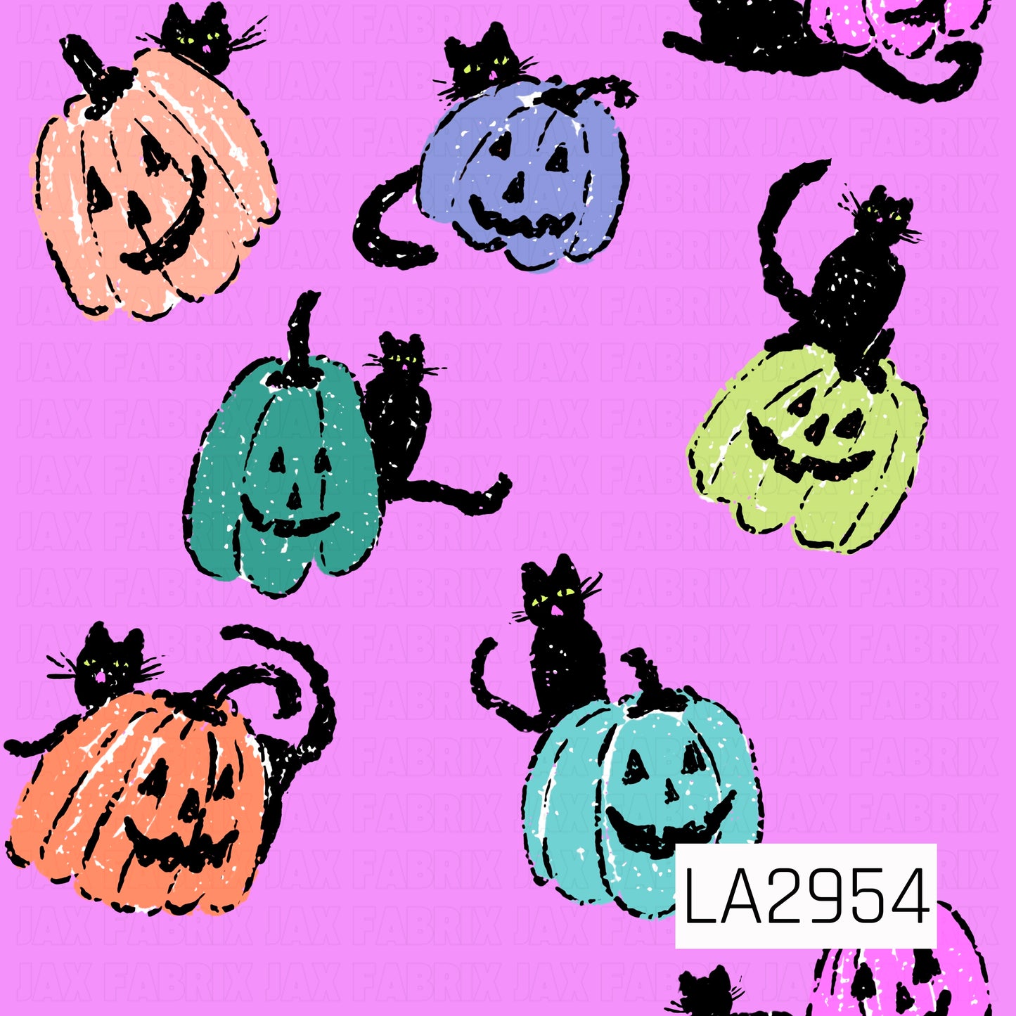 A whimsical Halloween seamless pattern featuring smiling pastel jack-o'-lanterns in peach, lavender, mint, lime, and aqua, each accompanied by playful black cats. Set against a vibrant purple background, this cheerful design blends spooky charm with bright pops of color for a fun, festive Halloween feel.
