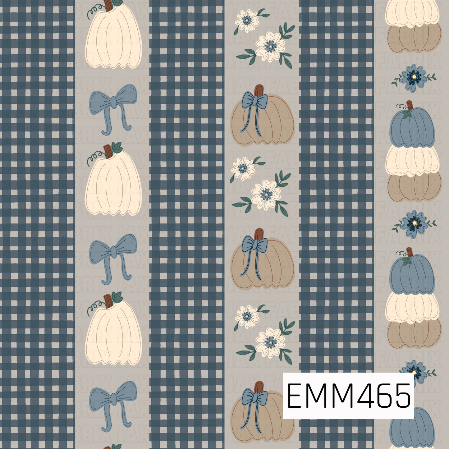 A charming fall stripe pattern combining navy-and-cream gingham with hand-drawn cream, taupe, and dusty-blue pumpkins, dainty bows, and coordinating floral accents on a soft neutral background.