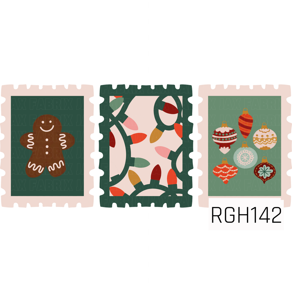 A retro Christmas stamp collection featuring three festive designs. One stamp showcases a smiling gingerbread man, another features a playful tangle of colorful Christmas lights, and the third displays a collection of vintage-inspired ornaments. The palette combines deep green, mint, red, coral, mustard, and soft cream for a cozy nostalgic holiday look.