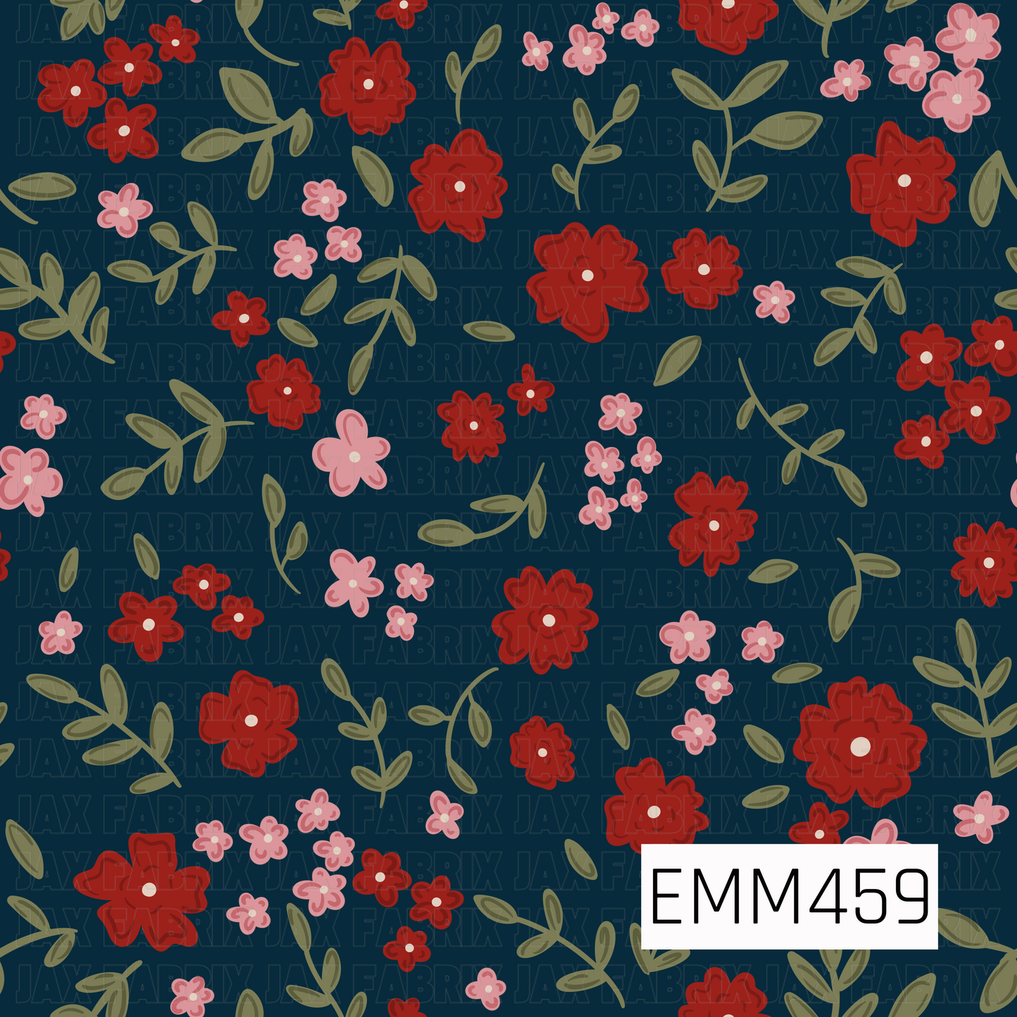 A bold floral design featuring rich red and soft pink flowers with olive green leafy sprigs scattered across a deep navy background. The vibrant colors give it a playful, vintage-inspired feel.