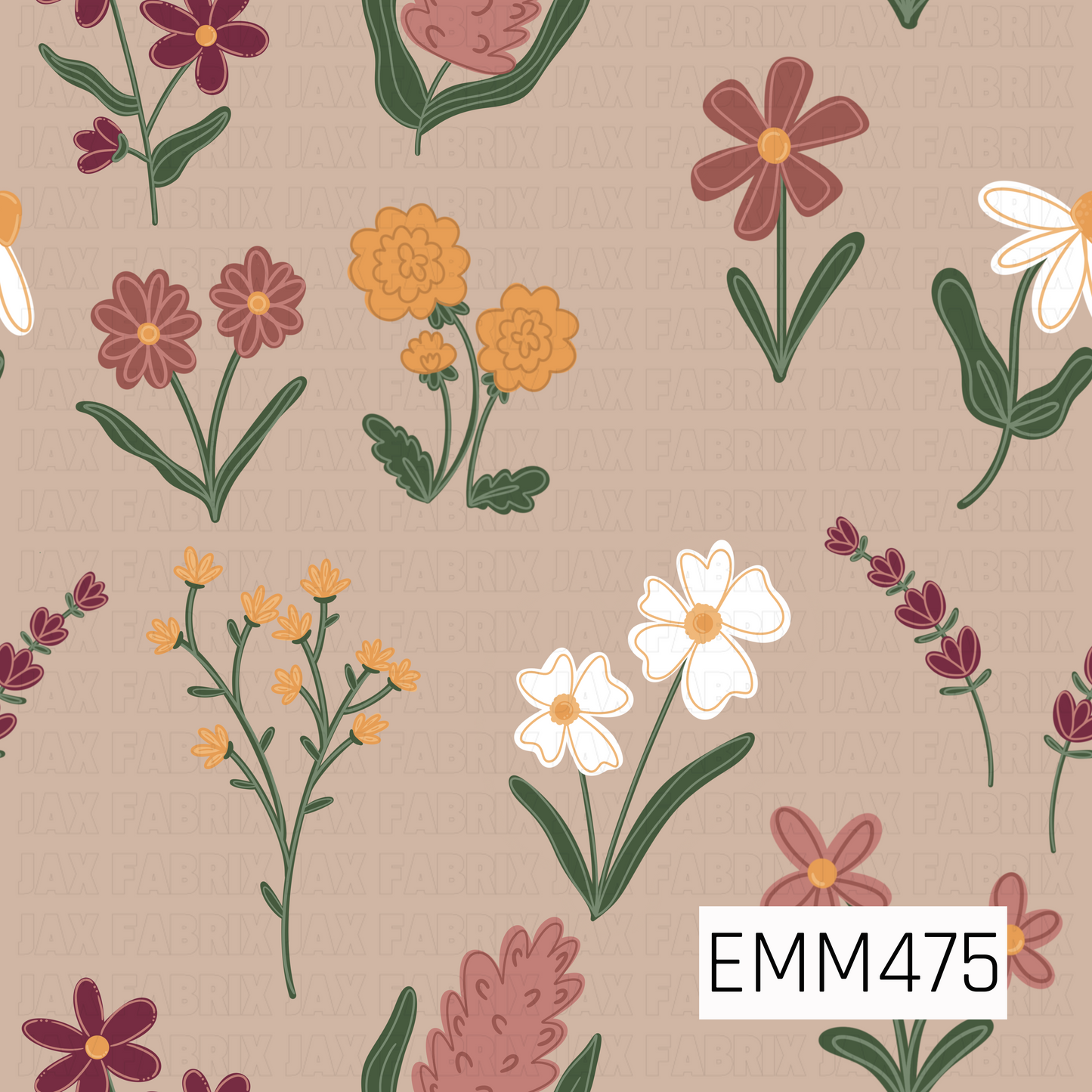 A whimsical hand-drawn wildflower pattern featuring burgundy, dusty-rose, golden-orange, and white blossoms with deep green stems and leaves, scattered across a warm beige background.