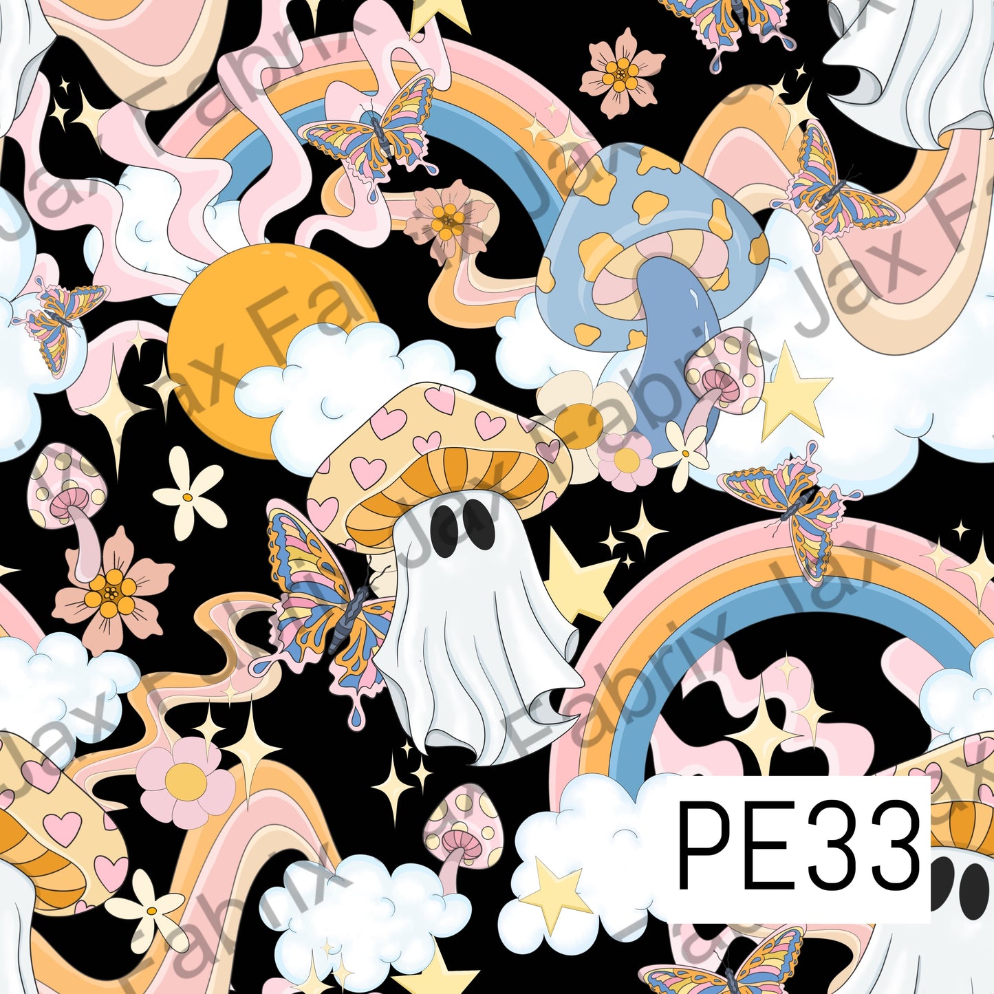 Retro Floral Mushroom Ghosts Black PE33