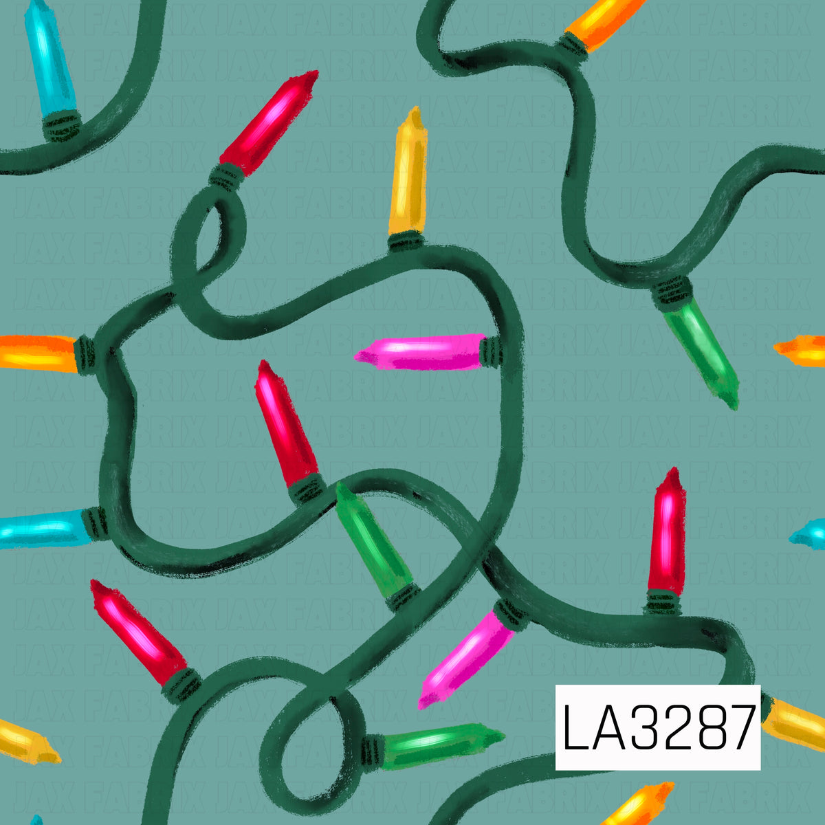 A playful hand-painted Christmas light pattern featuring oversized colorful bulbs in red, pink, aqua, green, yellow, and orange connected by looping dark green cords. The muted teal background gives the design a fun retro holiday feel, while the textured brushstrokes add a whimsical handmade look.