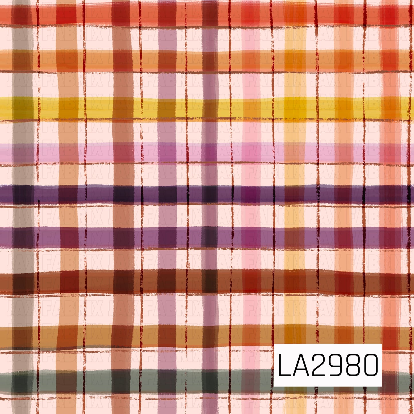 A vibrant watercolor plaid featuring warm autumn shades of coral, pumpkin orange, golden yellow, plum, blush pink, sage green, and cream. The soft, hand-painted lines and layered colors create a playful, artistic plaid that's perfect as a coordinating print for fall, Thanksgiving, and cozy seasonal collections.