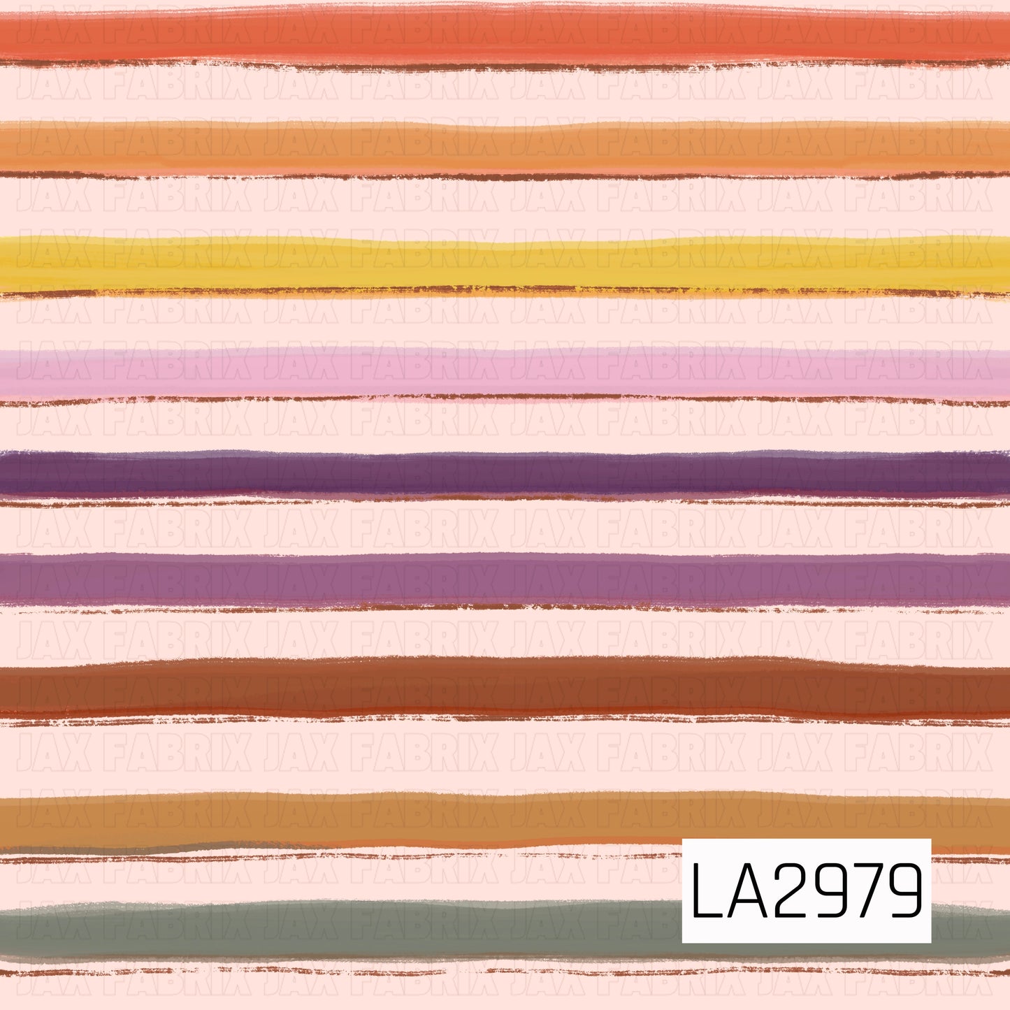 A hand-painted stripe featuring warm autumn shades of coral, pumpkin orange, golden yellow, lavender, plum, rust, mustard, and soft sage green on a light blush background. The textured watercolor brushstrokes create a whimsical, artistic look, making this stripe a beautiful coordinating print for fall, Thanksgiving, and colorful autumn collections.