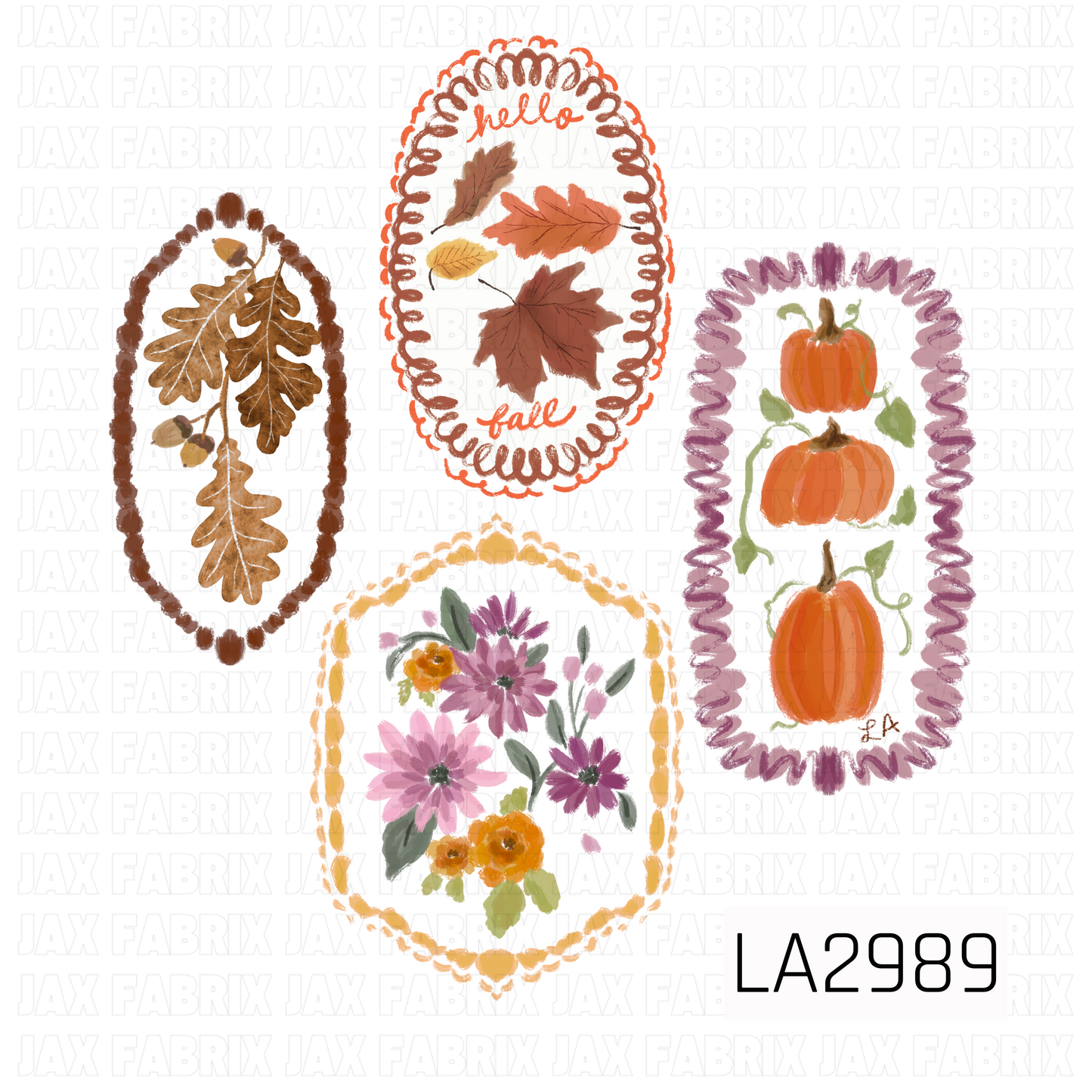 A charming fall panel featuring four hand-painted autumn-themed frames with florals, oak leaves, pumpkins, and seasonal foliage. Designed in warm shades of orange, brown, purple, and blush, this vintage-inspired panel brings cozy fall and Thanksgiving charm to any sewing or crafting project.