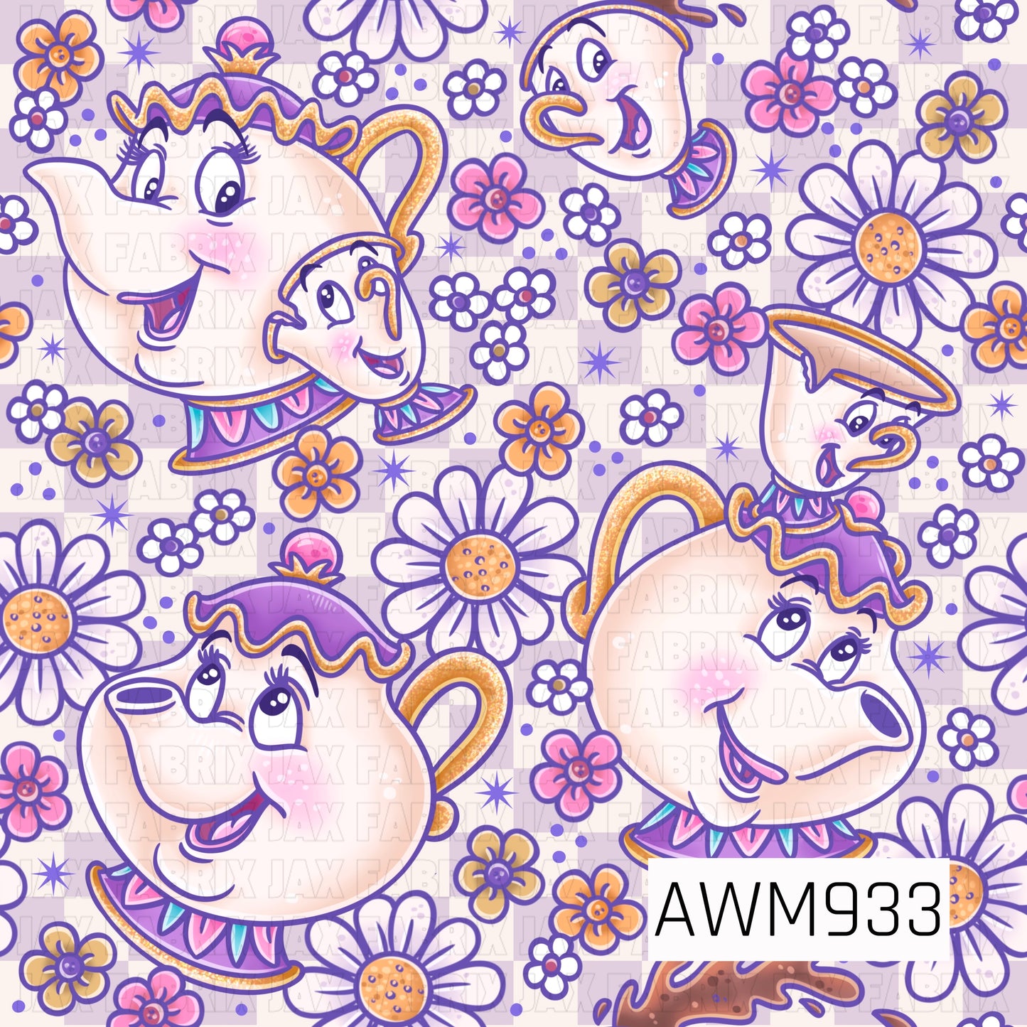A charming fabric design inspired by a classic storybook tea party, featuring whimsical teacups, teapots, and smiling teacup characters surrounded by delicate daisies and colorful flowers. Soft shades of lavender, pink, white, and gold create a sweet vintage feel, while scattered floral accents add playful detail throughout this enchanting all-over print. Perfect for quilting, apparel, bows, accessories, and other sewing projects.