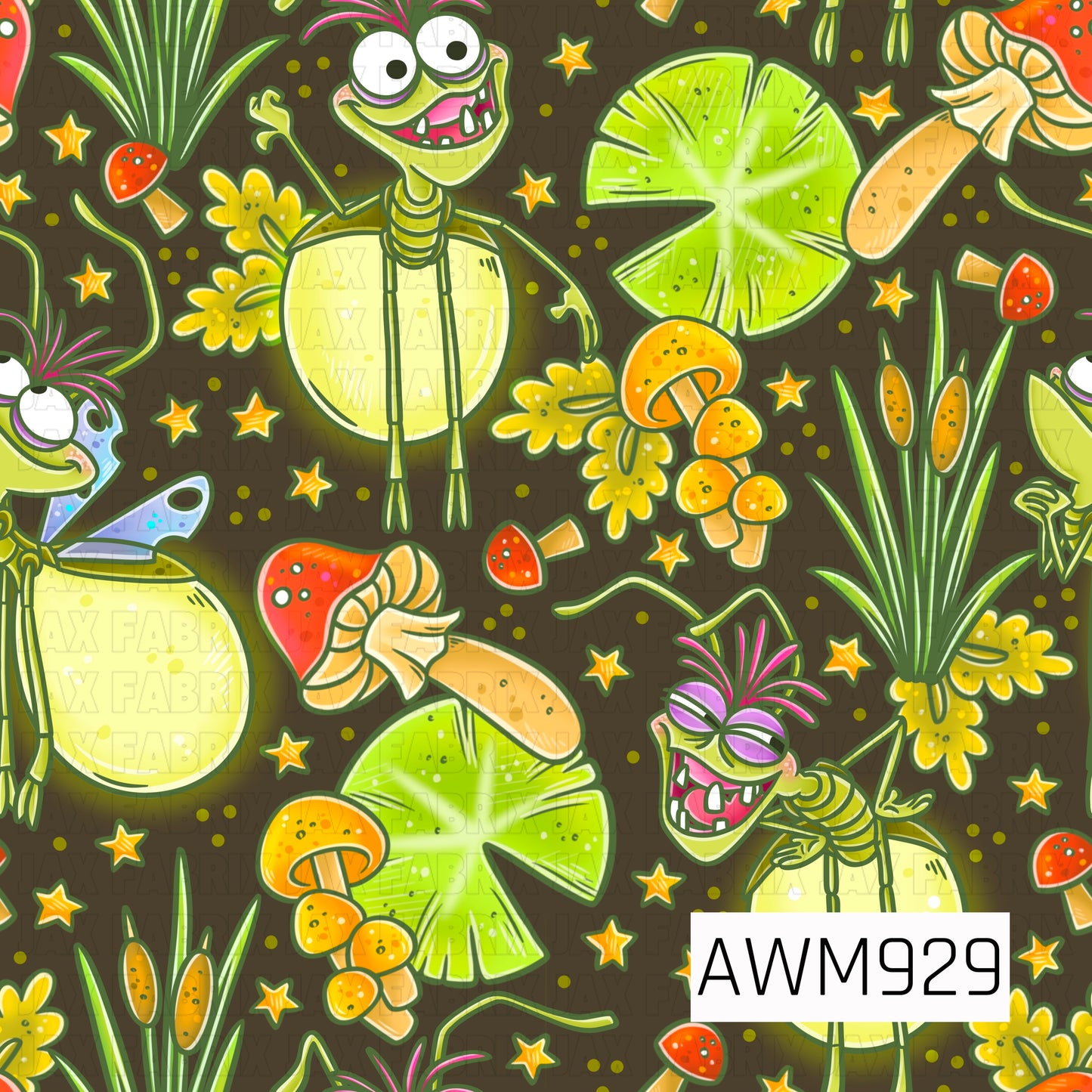 A whimsical design featuring quirky glowbug characters surrounded by lily pads, cattails, mushrooms, wildflowers, and scattered stars on a rich dark brown background. Bright shades of lime green, yellow, orange, and pink create a playful nighttime woodland feel, while glowing accents add extra charm throughout the print. Perfect for quilting cotton, faux leather, bows, apparel, accessories, and other sewing projects.