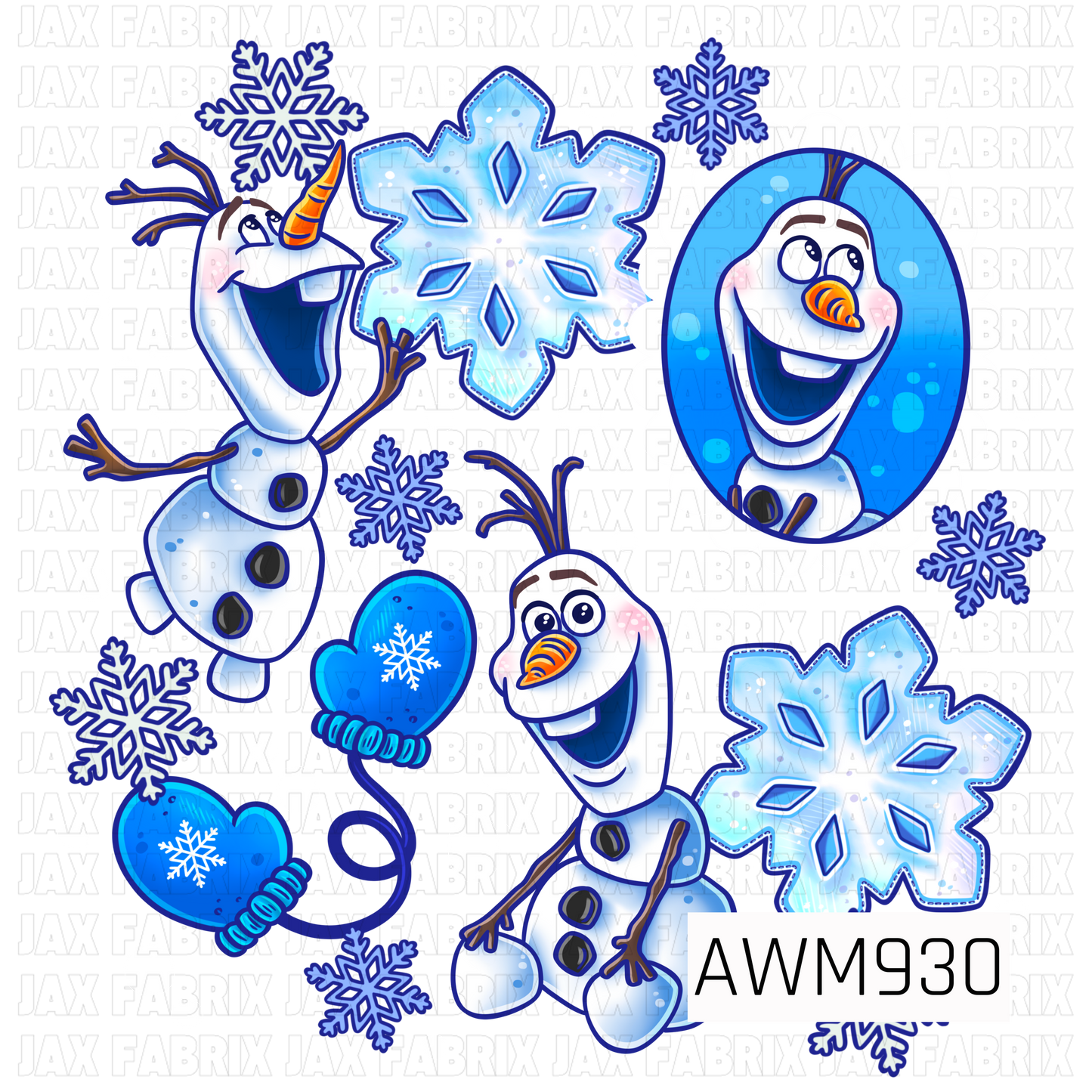 A playful winter sublimation design featuring cheerful snowman characters, sparkling snowflakes, cozy mittens, and falling snow scattered across a bold black background. Cool shades of icy blue, white, and navy create a frosty seasonal look, while the whimsical character details add festive charm. Perfect for quilting cotton, faux leather, bows, apparel, accessories, and holiday sewing projects.