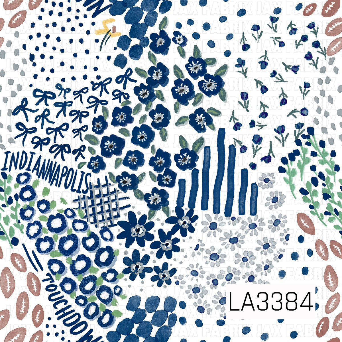 A classic Indianapolis football-inspired print featuring deep navy, crisp white, and soft gray with touches of green. Hand-painted florals, bows, footballs, scattered dots, stripes, plaid accents, and “Indianapolis” and “Touchdown” lettering create a playful, artsy game day design.