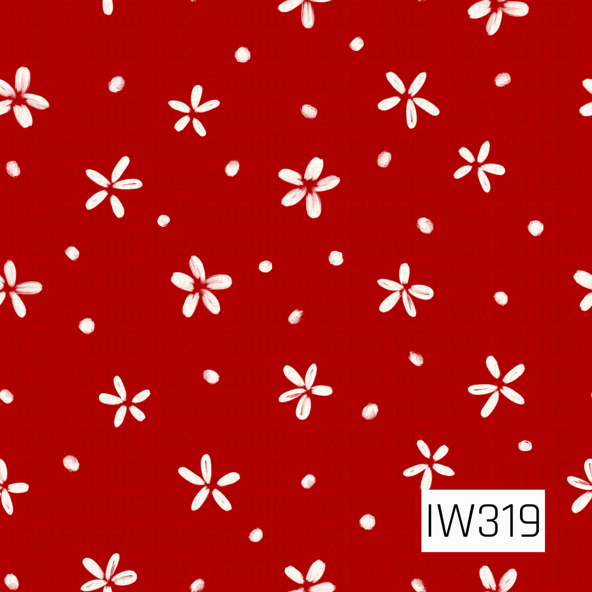 A sweet scattered floral pattern featuring hand-painted ivory five-petal flowers and softly textured dots against a vibrant Christmas red background. The delicate brushstroke details add a playful, vintage-inspired charm to this classic holiday design.