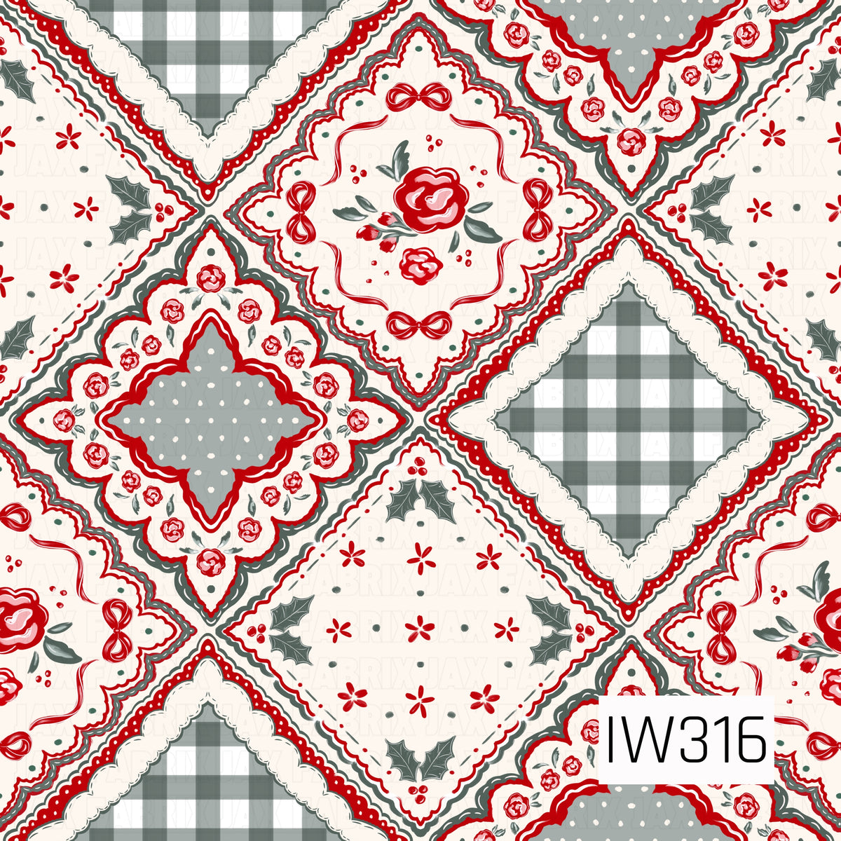 A charming vintage-inspired Christmas patchwork featuring decorative diamond-shaped quilt blocks with delicate scalloped lace borders, red roses, dainty bows, holly sprigs, and tiny florals. Soft ivory, classic Christmas red, and muted green come together with gingham checks and polka dots for a cozy, nostalgic holiday feel.