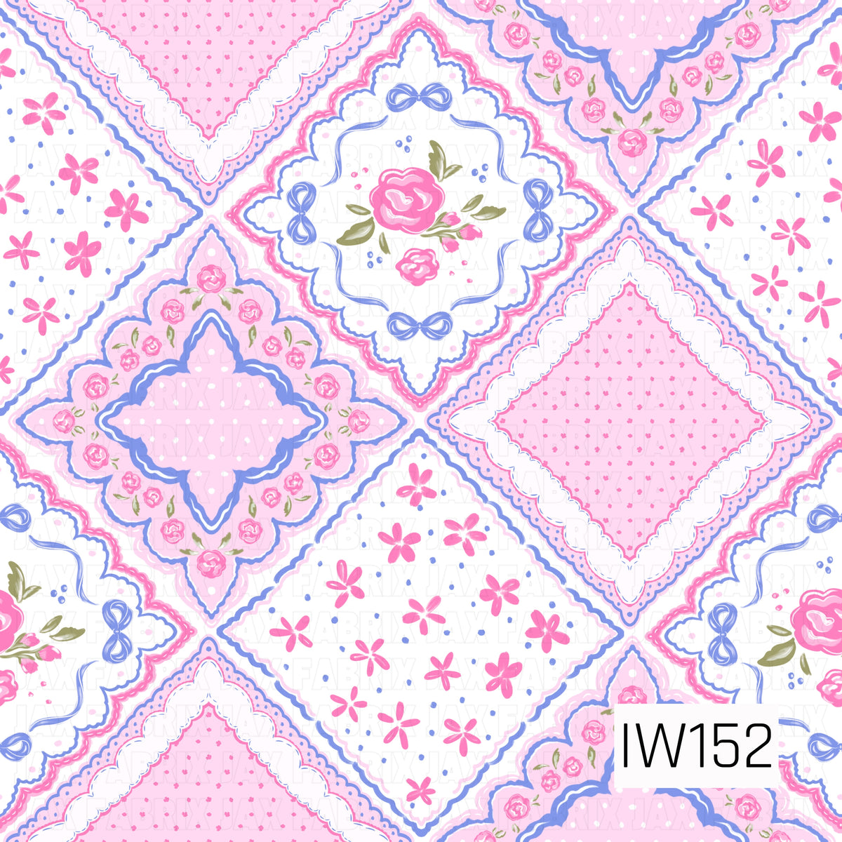 A charming vintage-inspired patchwork pattern featuring ornate diamond-shaped motifs in shades of bright pink, soft blush, periwinkle blue, and white. Delicate pink roses, dainty florals, scalloped lace borders, tiny bows, and dotted accents fill each decorative section, creating a sweet, feminine design with a romantic cottagecore feel.