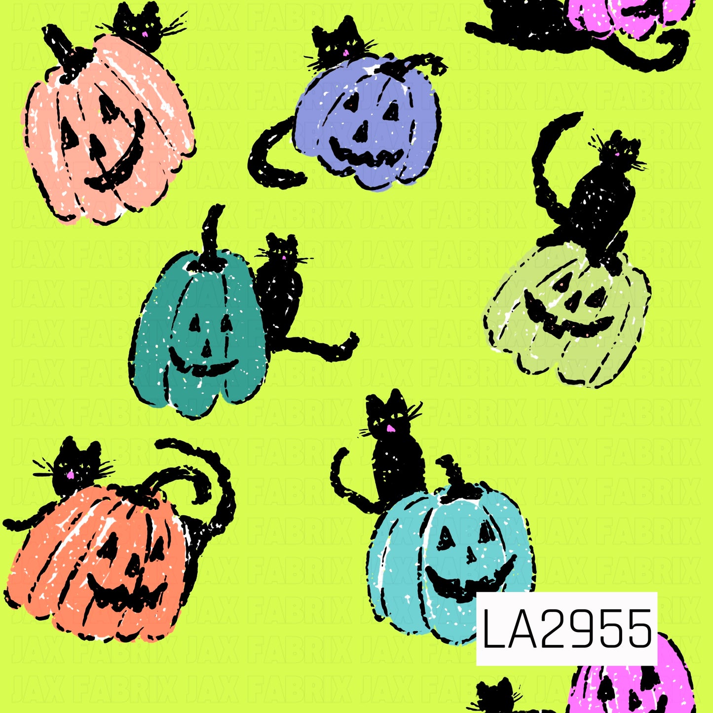 A playful seamless Halloween pattern featuring smiling pastel jack-o'-lanterns in peach, lavender, mint, lime, and aqua, each paired with mischievous black cats. Set against a bold neon yellow-green background, this whimsical design combines spooky charm with bright, cheerful colors for a fun and modern Halloween look.
