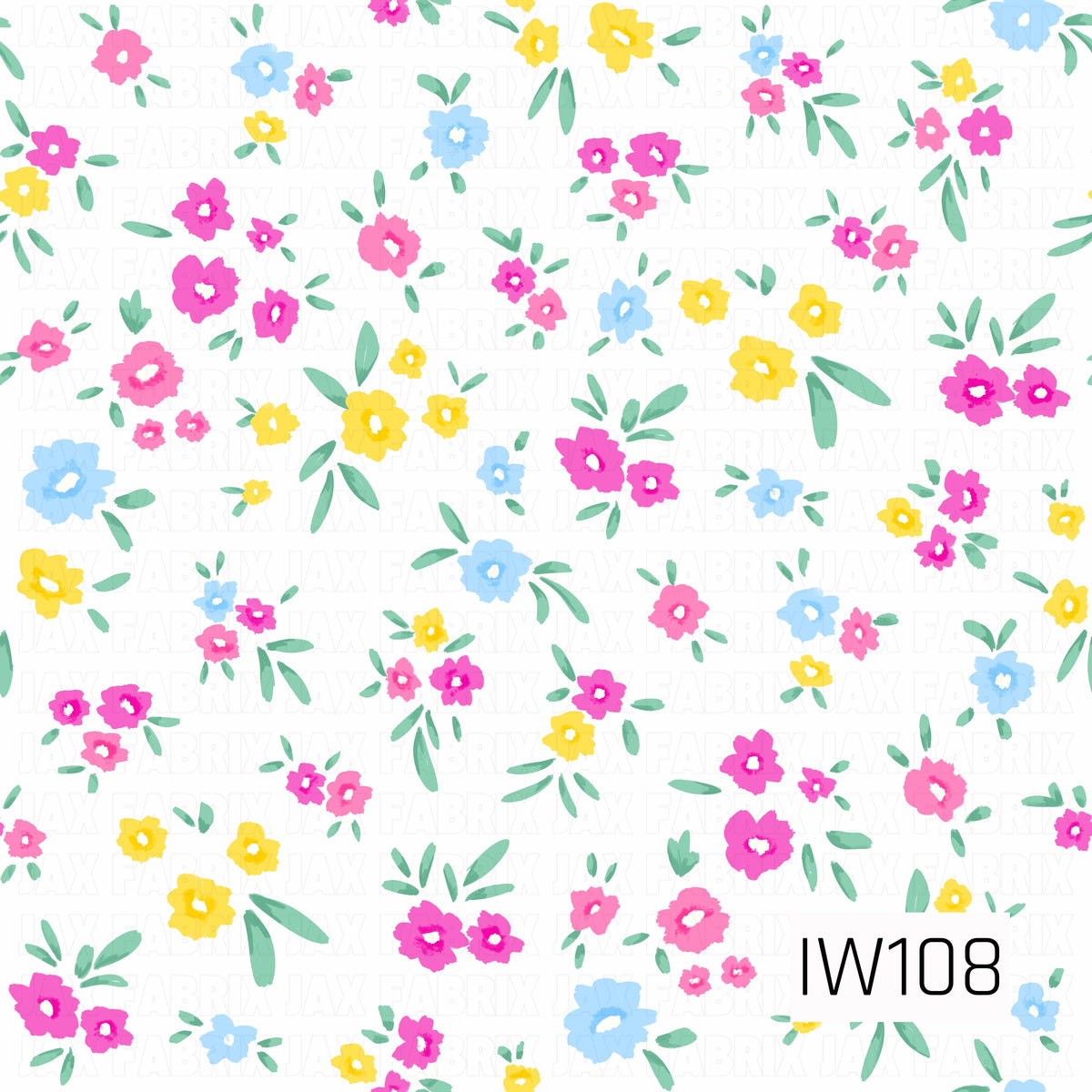 A cheerful hand-painted floral pattern featuring scattered clusters of whimsical flowers in vibrant hot pink, soft pink, sunny yellow, and light blue. The blooms vary in size and are accented with delicate sage green leaves and stems. The slightly textured brushstroke details and crisp white background create a playful, fresh, vintage-inspired design.