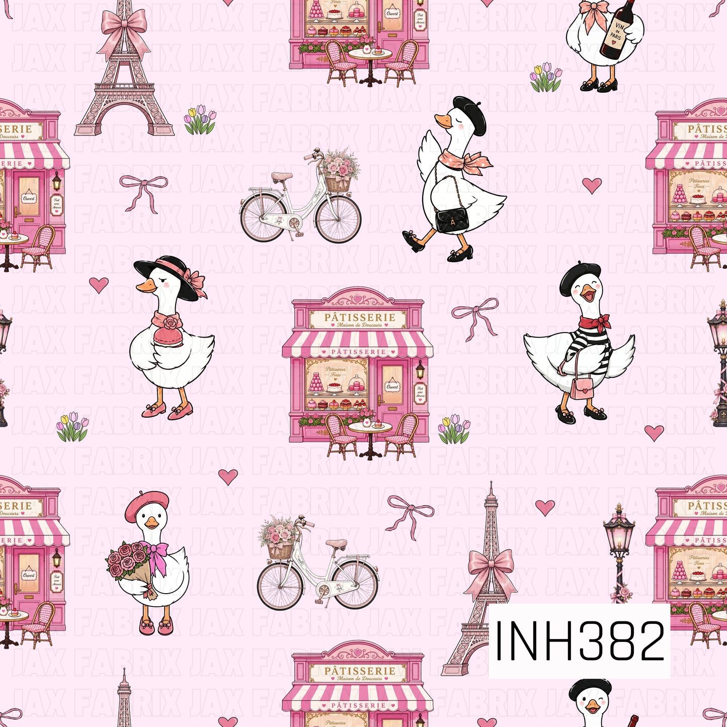 A charming seamless pattern featuring fashionable geese dressed in chic Parisian outfits surrounded by elegant pâtisseries, flower-filled bicycles, the Eiffel Tower, bows, tulips, and dainty hearts. Set against a soft blush pink background, this whimsical design captures the romance and charm of a stylish day in Paris with sweet coquette-inspired details.