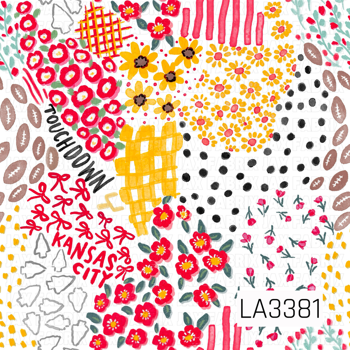 A playful Kansas City football-inspired print featuring bold red, golden yellow, black, and soft gray on a white background. Hand-painted florals, bows, footballs, arrowhead accents, scattered dots, plaid details, and “Kansas City” and “Touchdown” lettering create a fun, artsy game day design.