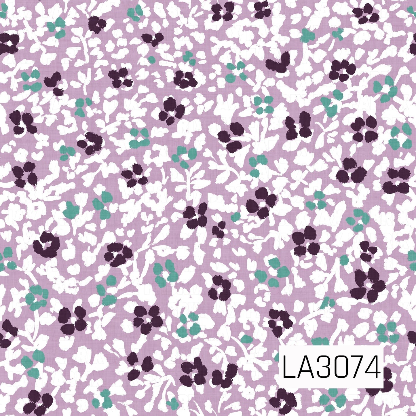 A dense floral pattern featuring white leafy vines and blossoms scattered across a dusty lavender background, accented with deep plum and soft teal flowers. The slightly textured, hand-painted style gives the design a layered vintage botanical feel.
