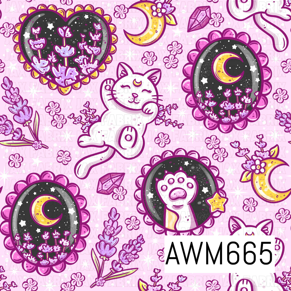 A whimsical celestial cat seamless design featuring playful white cats with crescent moon markings, oversized cat paws, framed night skies filled with moons, stars and flowers, plus crystals, lavender sprigs and floral crescent moons. Soft pinks and purples are accented with pops of sunny yellow against a dreamy pastel pink background.
