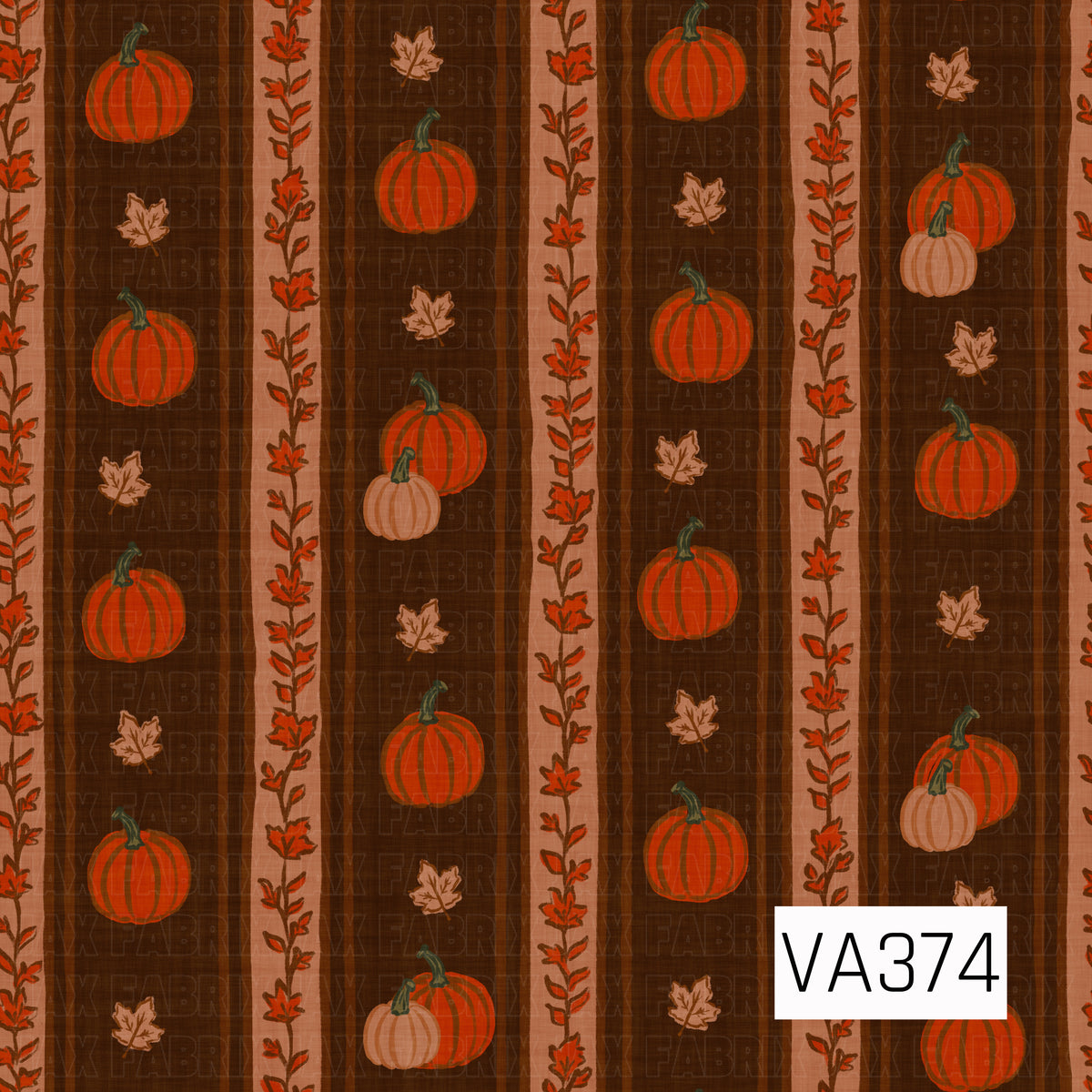 A warm vintage fall stripe featuring bright orange and soft blush pumpkins scattered with autumn leaves. Vertical floral vine stripes add a delicate touch against the deep chocolate brown background, with subtle plaid texture throughout for a cozy, rustic feel.