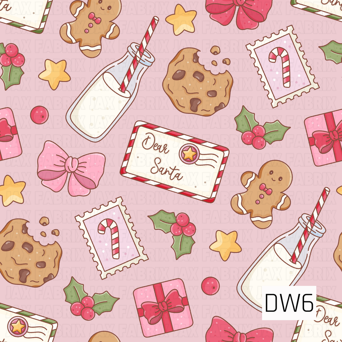 A whimsical Christmas pattern featuring adorable gingerbread men, chocolate chip cookies, milk bottles with striped straws, and letters to Santa. Pink bows, wrapped presents, candy cane stamps, golden stars, and festive holly accents are scattered across a dusty mauve pink background for a sweet and playful holiday look.