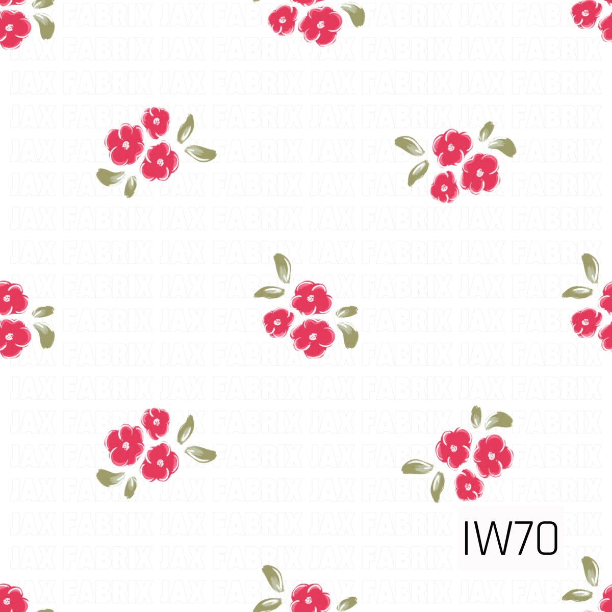 A sweet vintage-inspired floral pattern featuring small clusters of vibrant pink-red five-petal flowers with delicate white accents and muted olive green leaves. The hand-painted blooms are scattered across a crisp white background with plenty of open space, creating a dainty, airy design with a charming cottage-inspired feel.