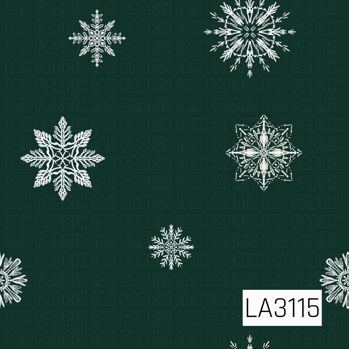 A simple winter snowflake pattern featuring an assortment of hand-drawn white snowflakes scattered across a deep forest green background. The open spacing and varied intricate shapes create a clean, classic winter look.